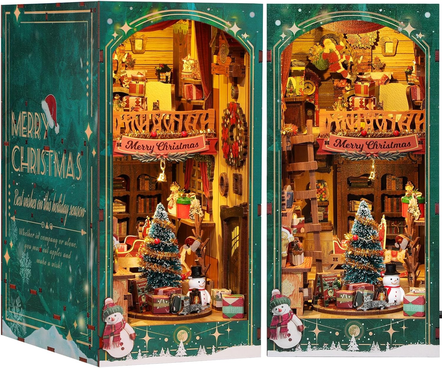 RONSTONE DIY Book Nook Kit - Miniature Christmas Dollhouse Kit 3D Wooden Puzzles Booknook with LED Light - Model Craft Kits for Adults Bookshelf Insert Decor Birthday Gifts