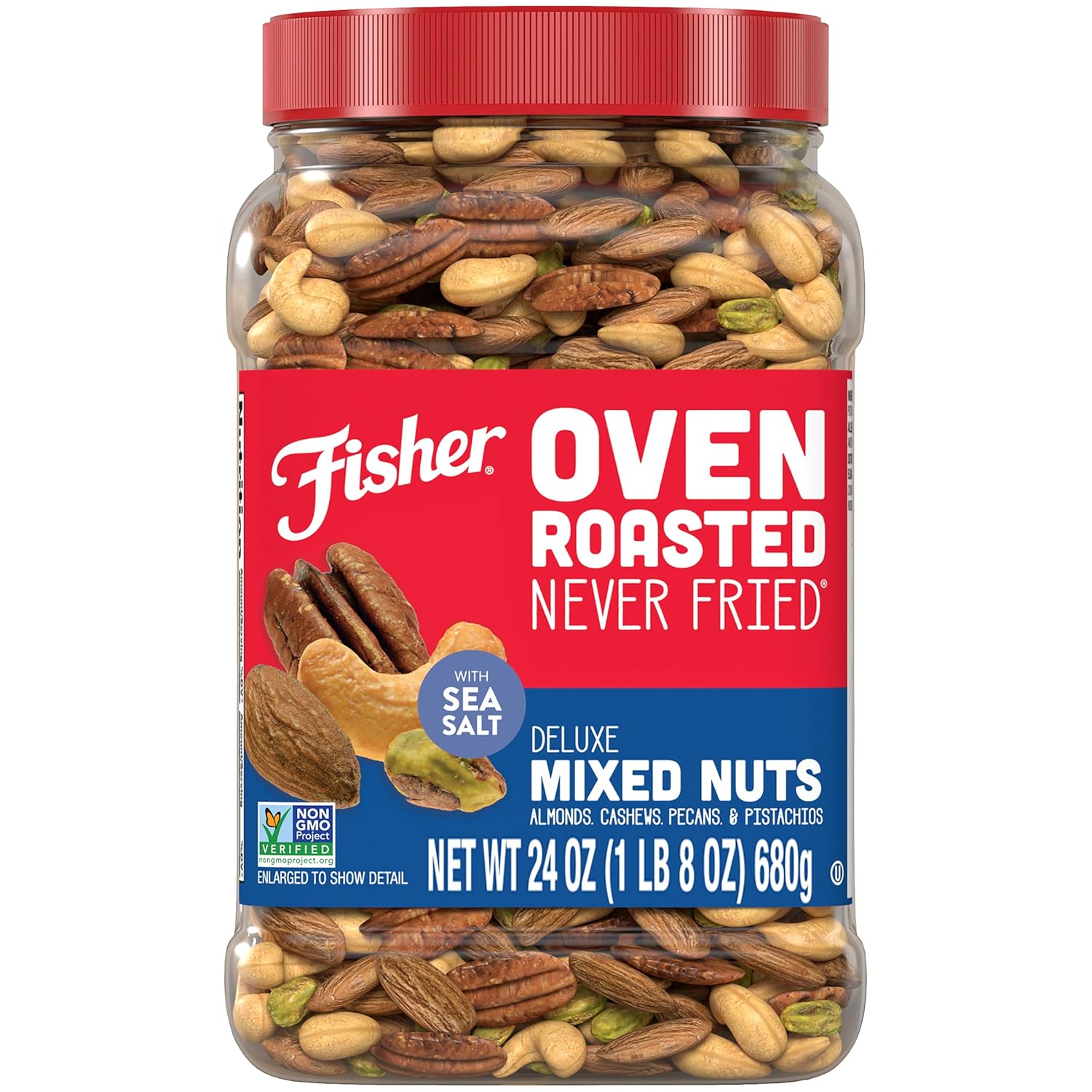 Fisher Oven Roasted Never Fried Deluxe Mixed Nuts, 24 Ounces (Pack of 1), Almonds, Cashews, Pecans, Pistachios, Snacks for Adults, Made With Sea Salt, No Added Oil, Artificial Ingredients or Preservatives, Trail Mix, Gluten Free
