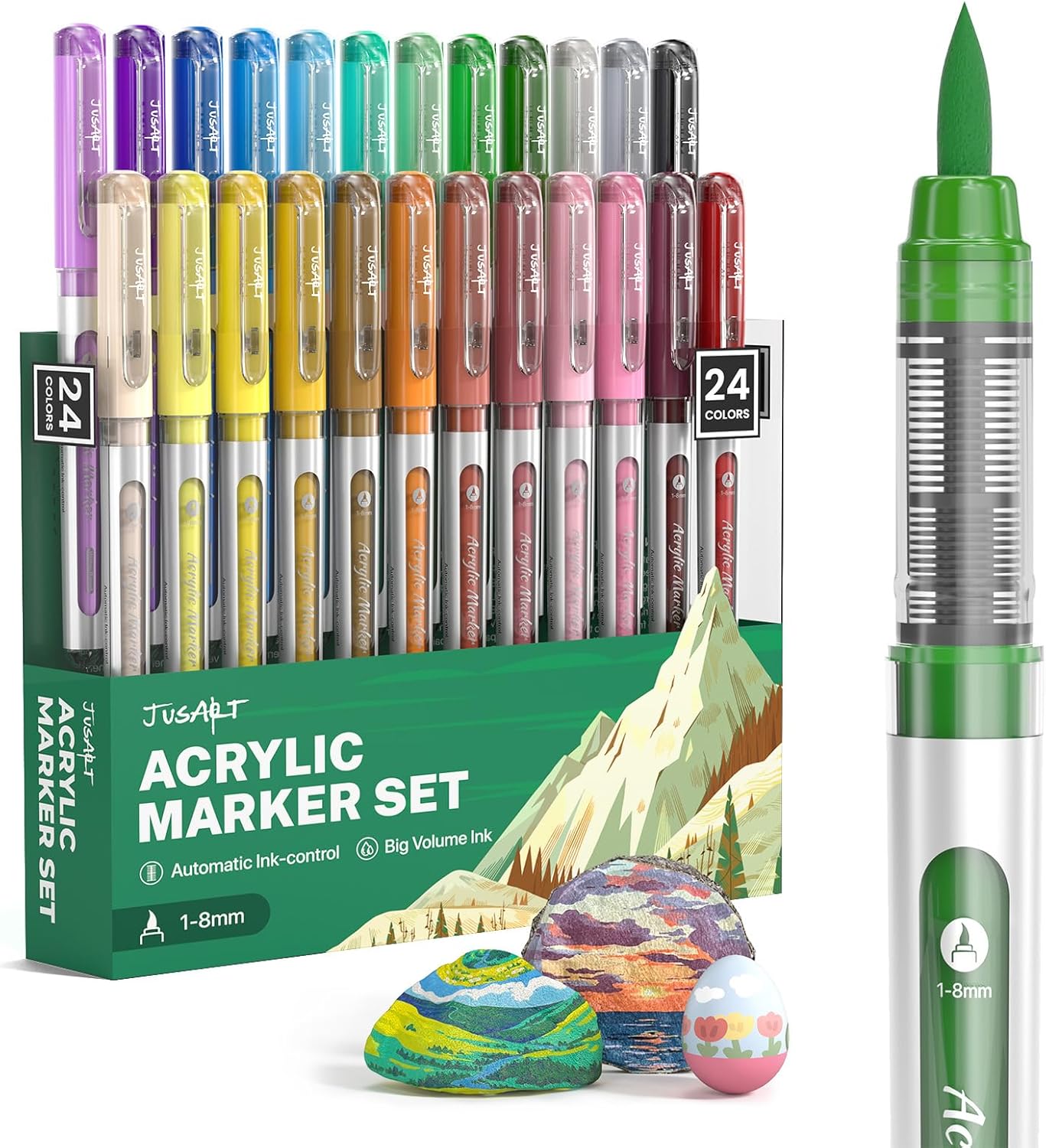 JusArt 24 Colours Acrylic Paint Markers Brush Tip, Water Based Paint Pens with Automatic Ink-Control, Waterproof 1-8mm Flexible Tip Acrylic Markers for Any Surface, Art Supplies for Adults Artist