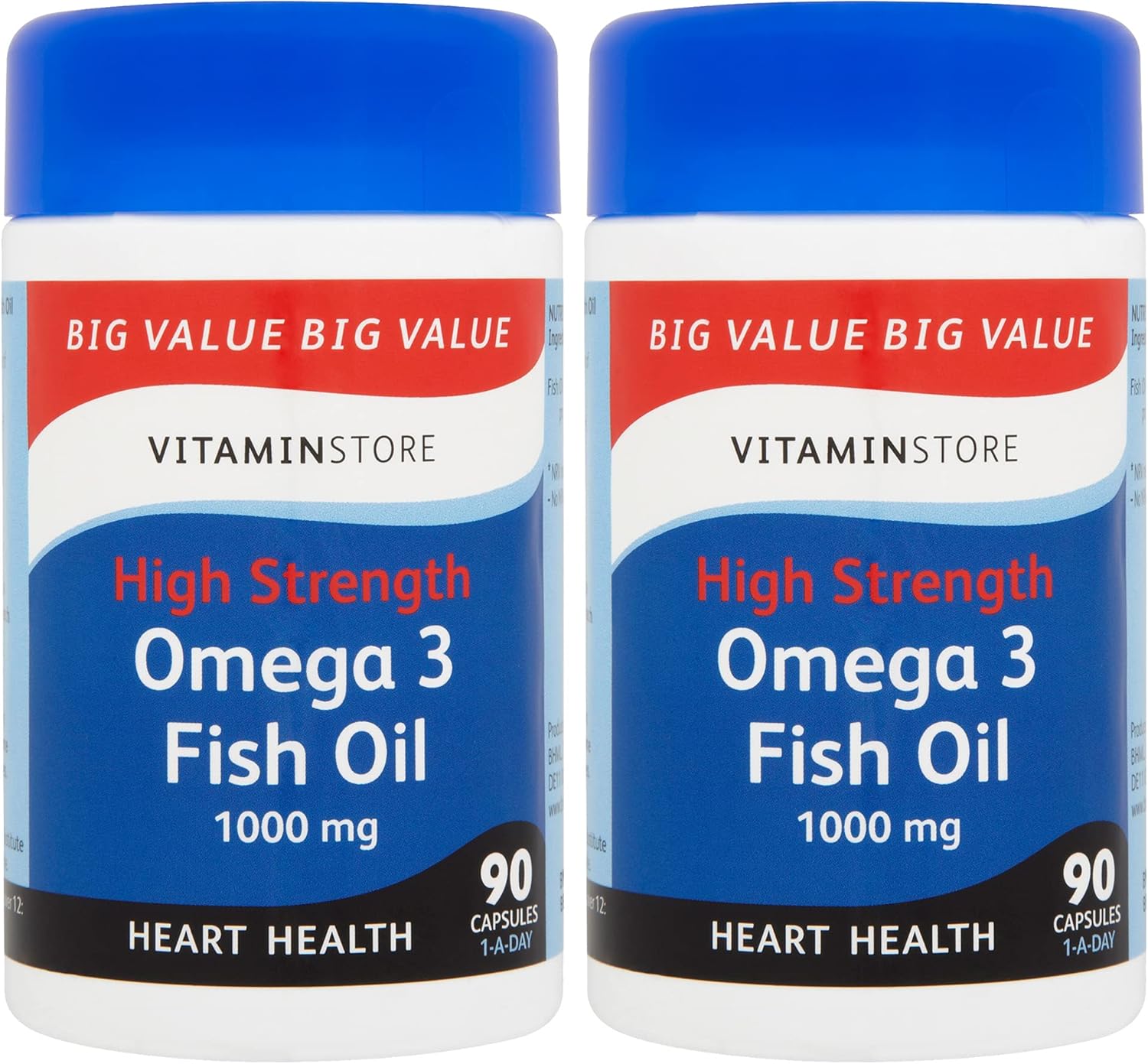 Vitamin Store Omega 3 Fish Oil High Strength 1000mg Food Supplement, 90 Capsules per Tub - Pack of 2 Tubs, 6 Months Supply