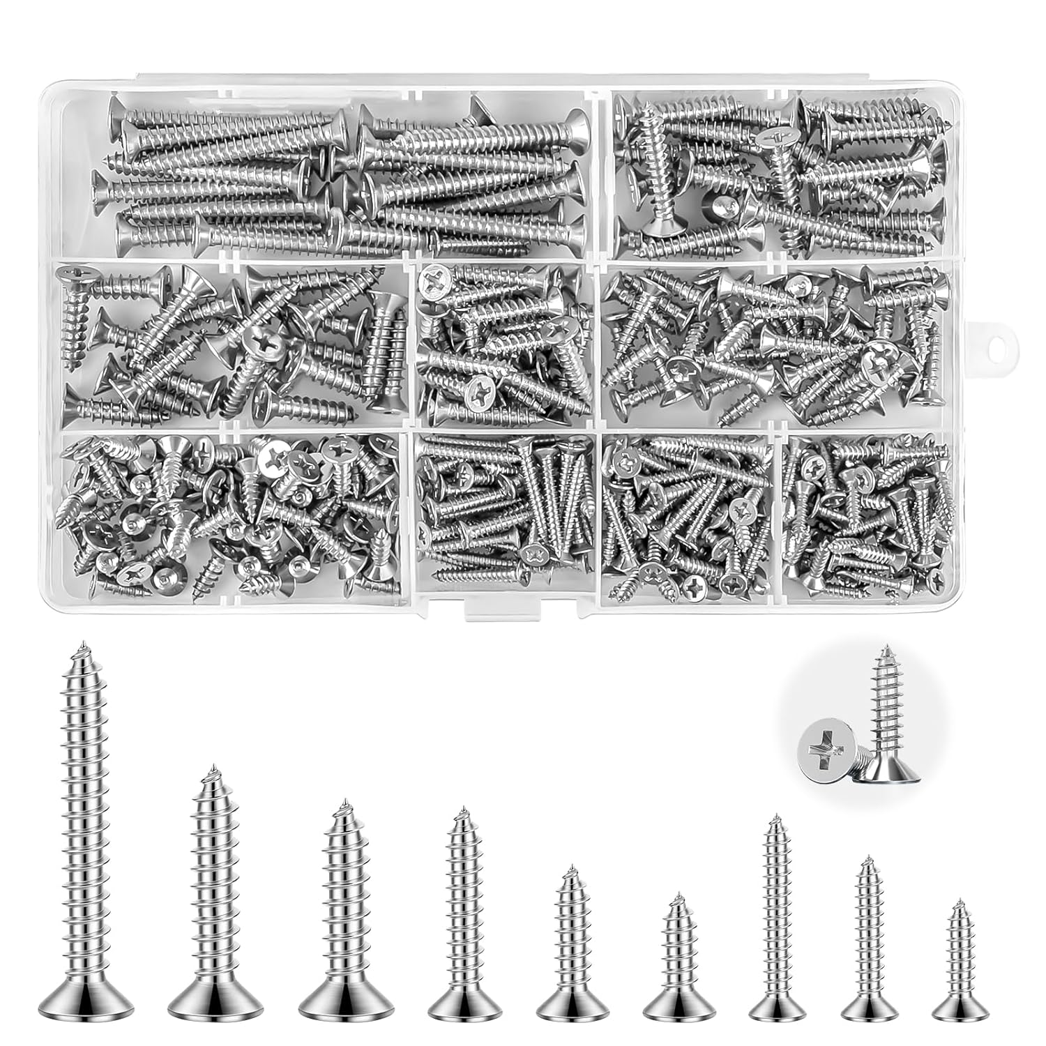 360 PCS Wood Screws Kits, M3 M4 M5 Self Tapping Screws Assortment Kit, Cross Recessed Flat Head Stainless Steel Screws Set With Storage Box - Suitable For Furniture Repair & Woodworking Projects