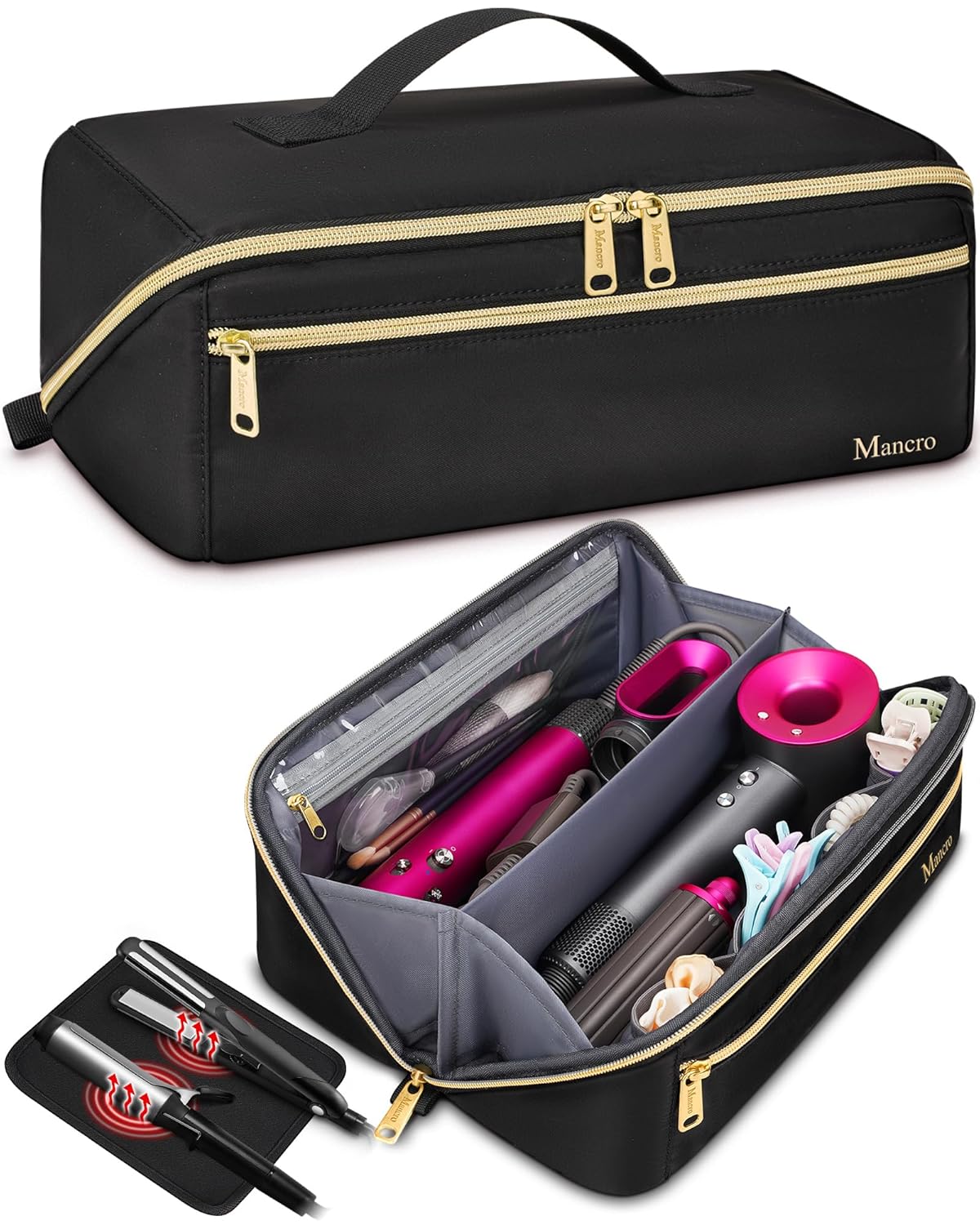 Mancro Hot Hair Tools Travel Bag with Separate Heat Resistant Mat, Large Capacity Wide-open Pouch, Hair Accessories Organizer for Flat Irons, Straighteners, Curling Iron,Travel Essentials for Women