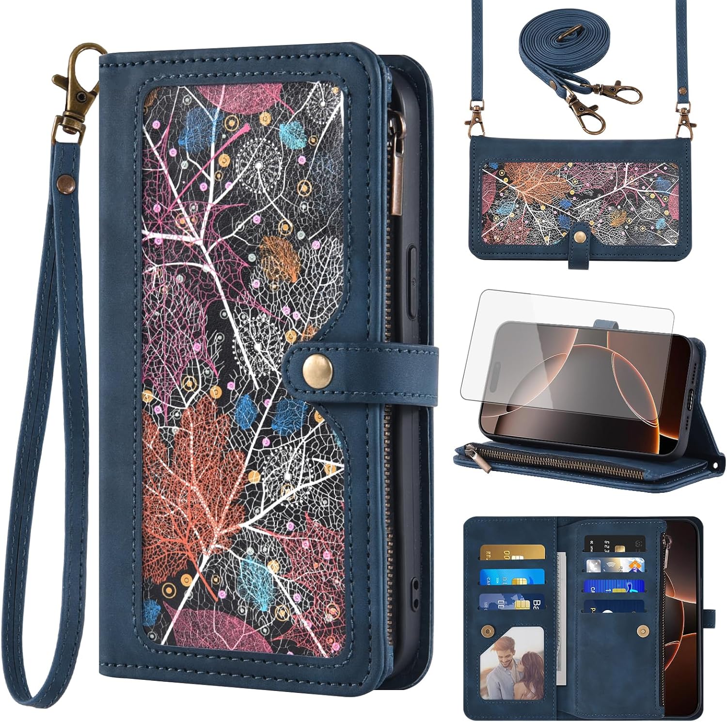 Asuwish Phone Case for iPhone 16 Pro 6.3 inch Wallet Cover With Screen Protector and Crossbody Wrist Strap Leather Flip Pattern Zipper Credit Card Holder Stand Cell i Phone16 i16 16Pro Women Men Blue