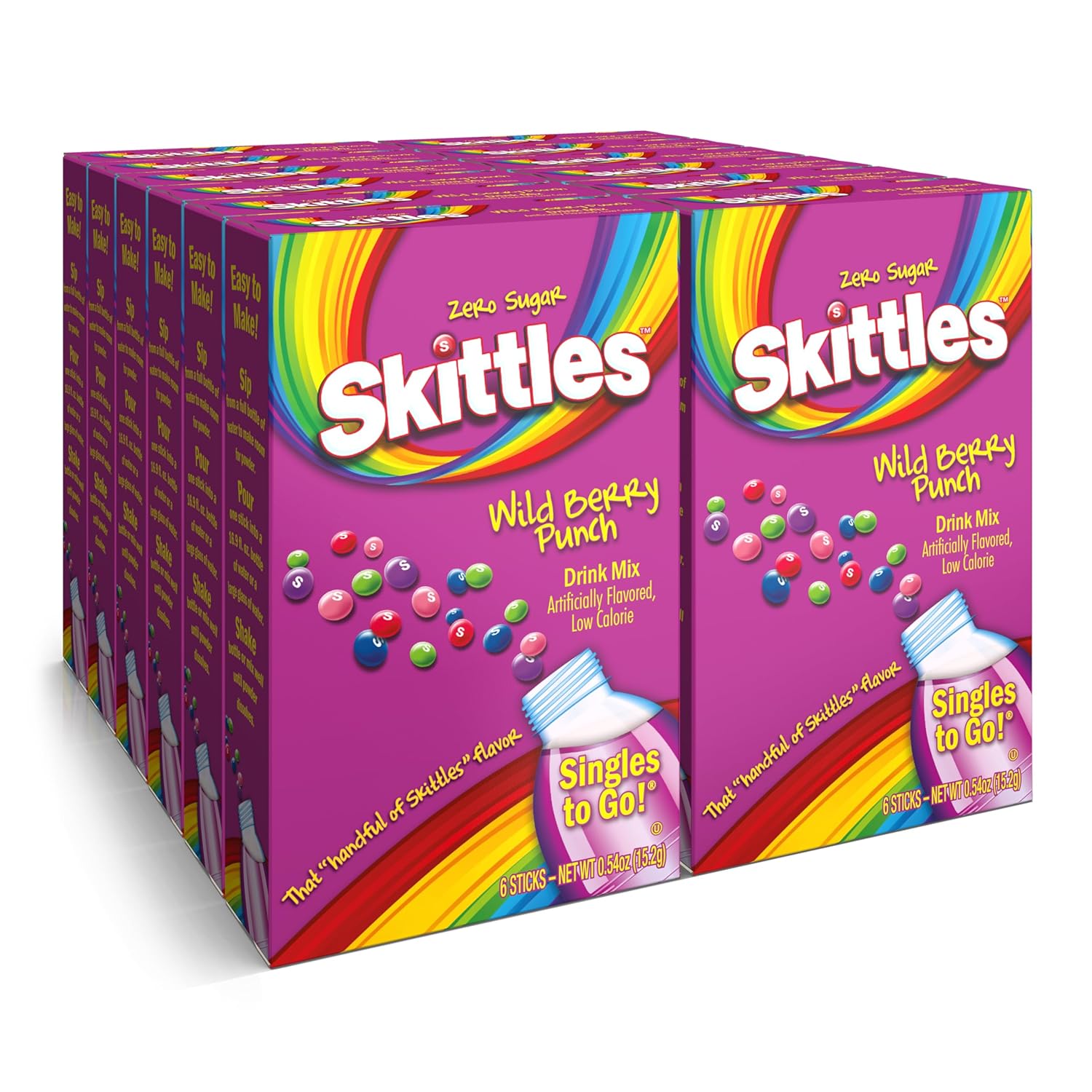 Skittles Singles to Go Wild Berry Punch, Powdered Drink Mix, Zero Sugar, Low Calorie, Includes 12 boxes, 6 Servings per Box, 72 Total Servings,6 Count (Pack of 12)
