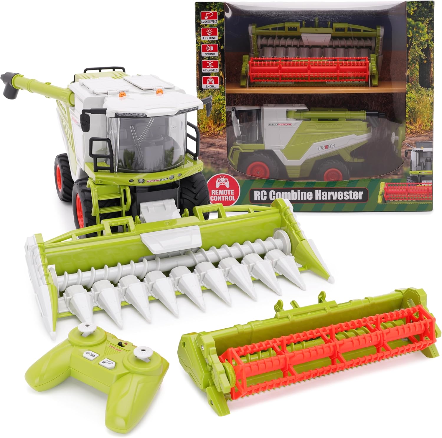 Toyland® 31cm (12") Remote Control Combine Harvester Age 3+ With Lights, Sound & Smoke Effect - 2 Harvesting Attachments Included - Farming Toys - 1:24 Scale