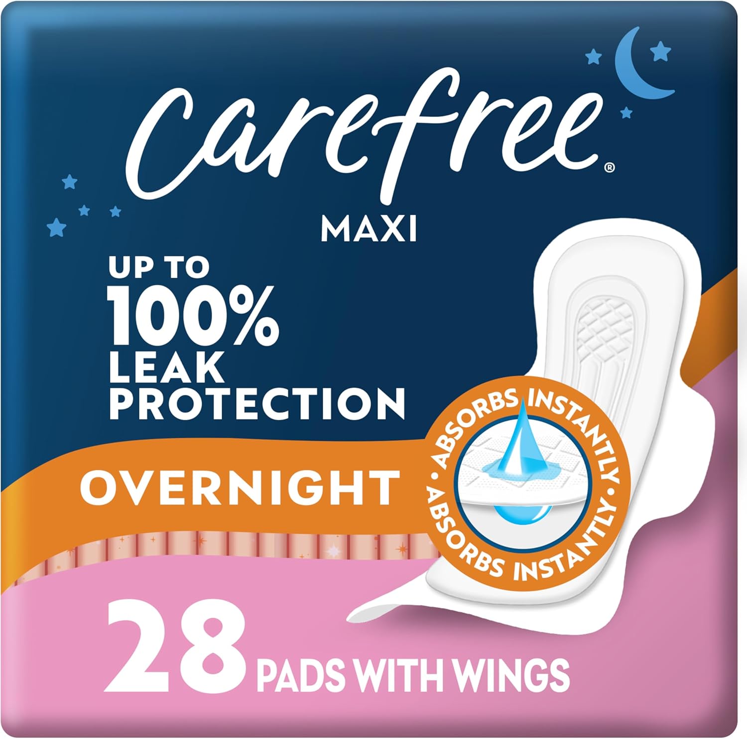 Carefree Maxi Pads for Women, Overnight Pads with Wings, 28ct | Carefree Pads, Feminine Care, Period Pads & Postpartum Pads | 28ct (Pack of 1)