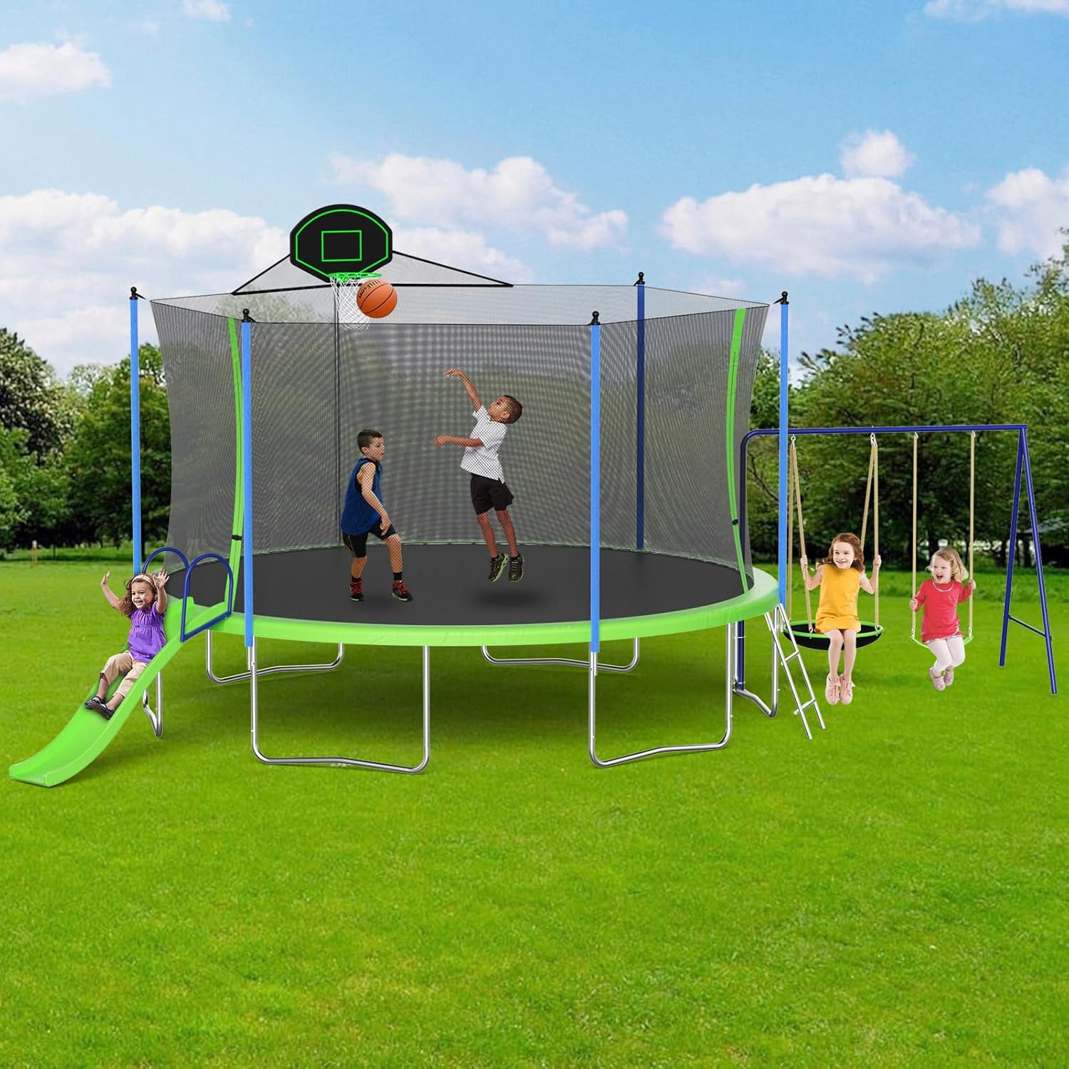 Skepphlay 16ft 14ft 12ft Trampoline Outdoor for Kids and Adults, Large Heavy Duty Round Trampoline with Basketball Hoop, Enclosure Net for Backyard, ASTM Approved