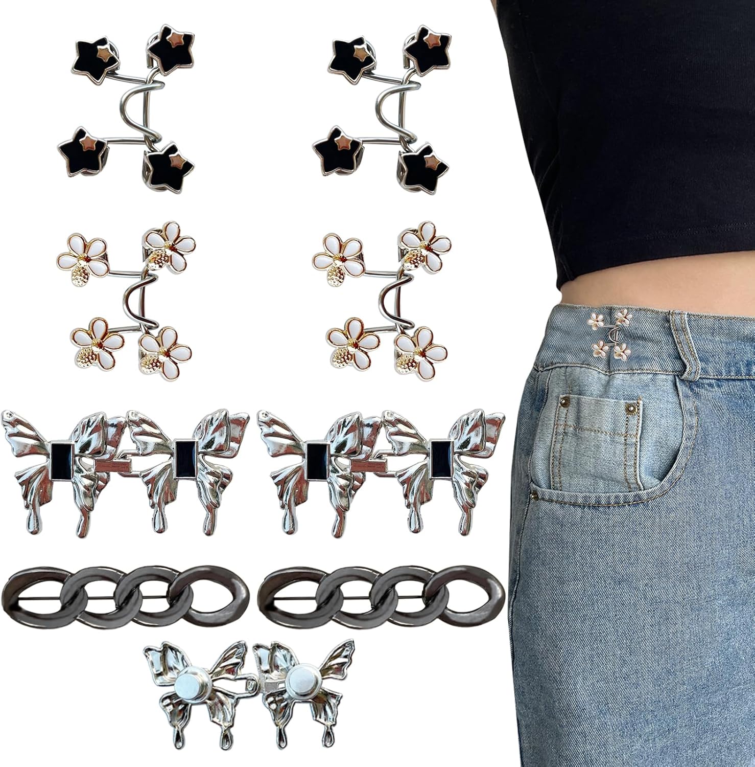 8 PCS Pant Waist Tightener, Adjustable Reusable Pant Clips Waist Tightener Black and Silvery Buttons Pins for Loose Jeans Women(Star Flower Butterfly)