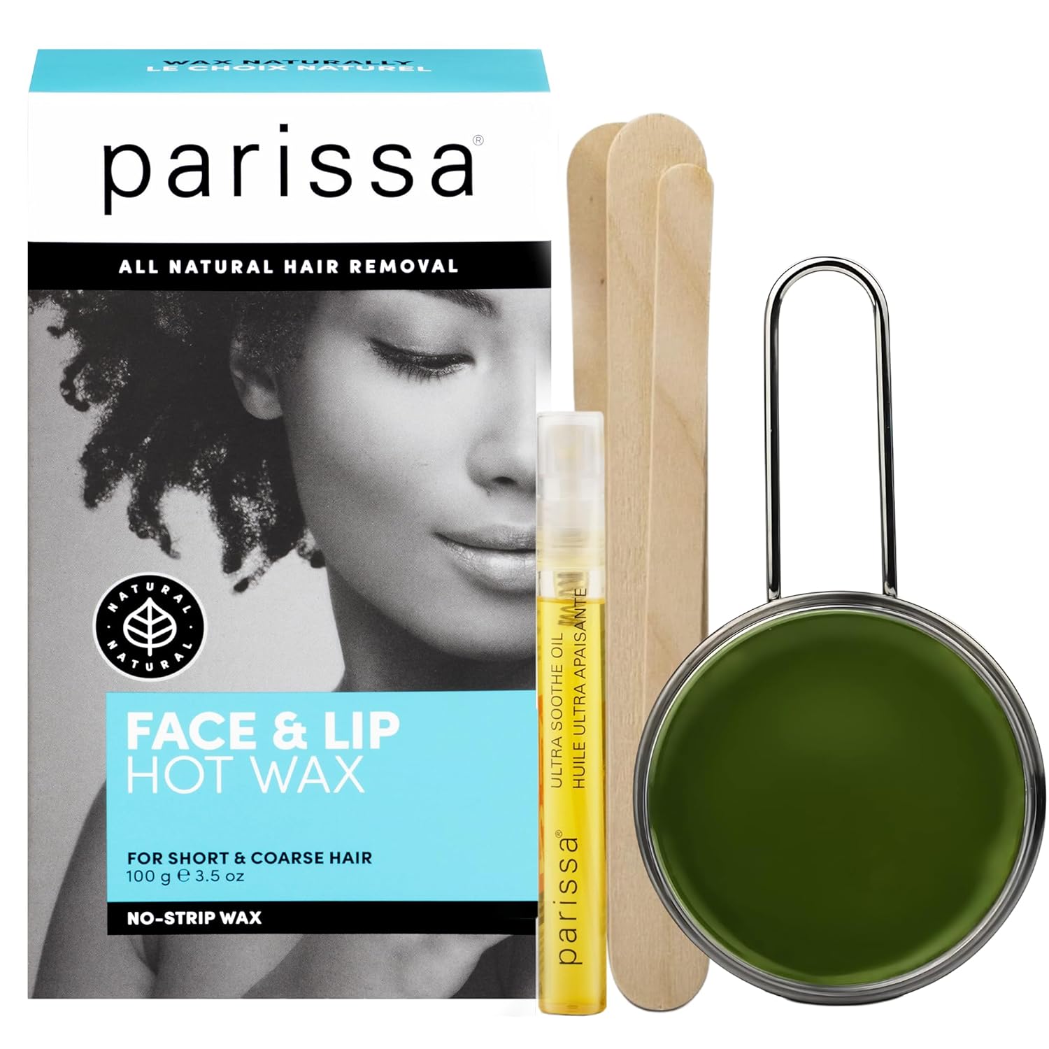 Parissa Face & Lip Hard Wax Kit | No-Strip Hot Wax for Coarse Facial Hair, Natural | At-Home Hair Removal for Sensitive Skin, Chin, Upper Lip & Face with Post-Wax Ultra Soothe Oil | 100g (3.5 Oz)