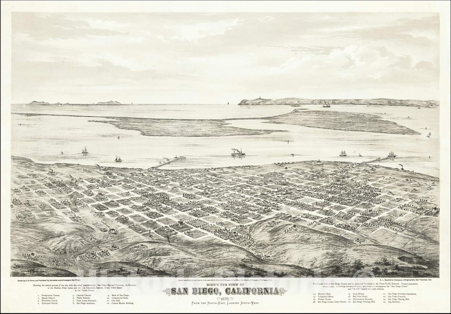 Historic Map : Bird's Eye View of San Diego, California 1876. from The North-East, Looking South-West, 1876 v2, Vintage Wall Art : 63in x 44in