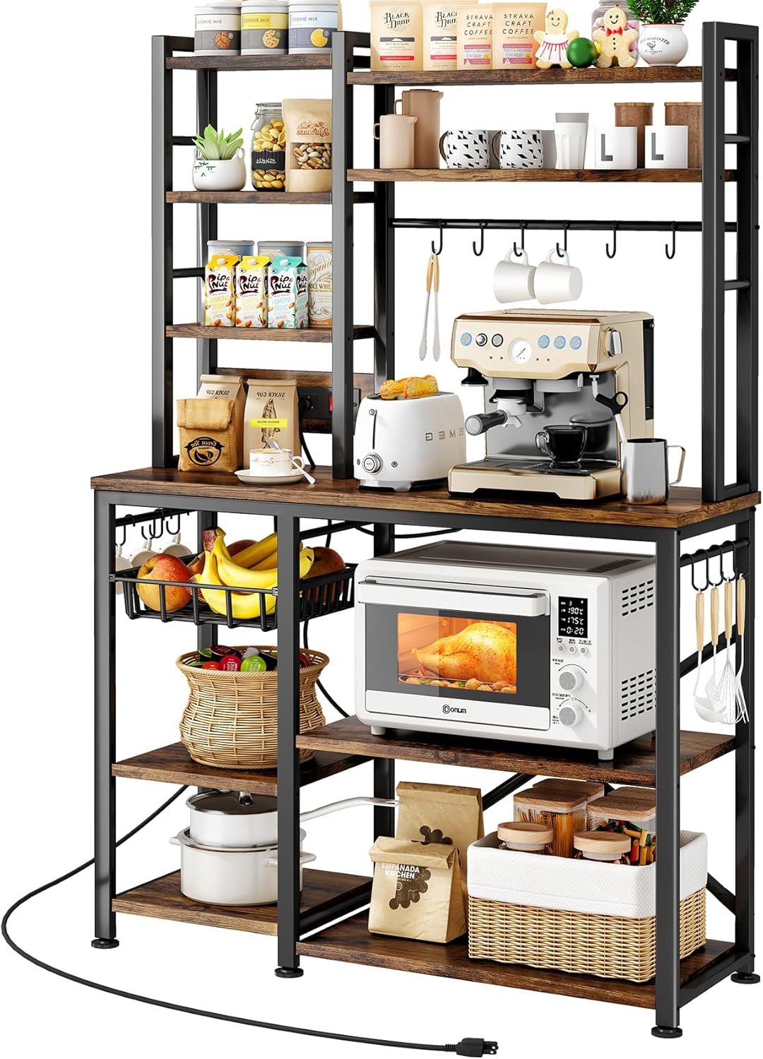 Baker Rack with Power Outlet - Microwave Stand with Storage, Large Coffee Bar Station with 14 Hooks, Metal Kitchen Shelf Rack for Spices, Pots, Rustic Brown and Black