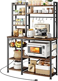 Baker Rack with Power Outlet - Microwave Stand with Storage, Large Coffee Bar Station with 14 Hooks, Metal Kitchen Shelf Rack for Spices, Pots, Rustic Brown and Black