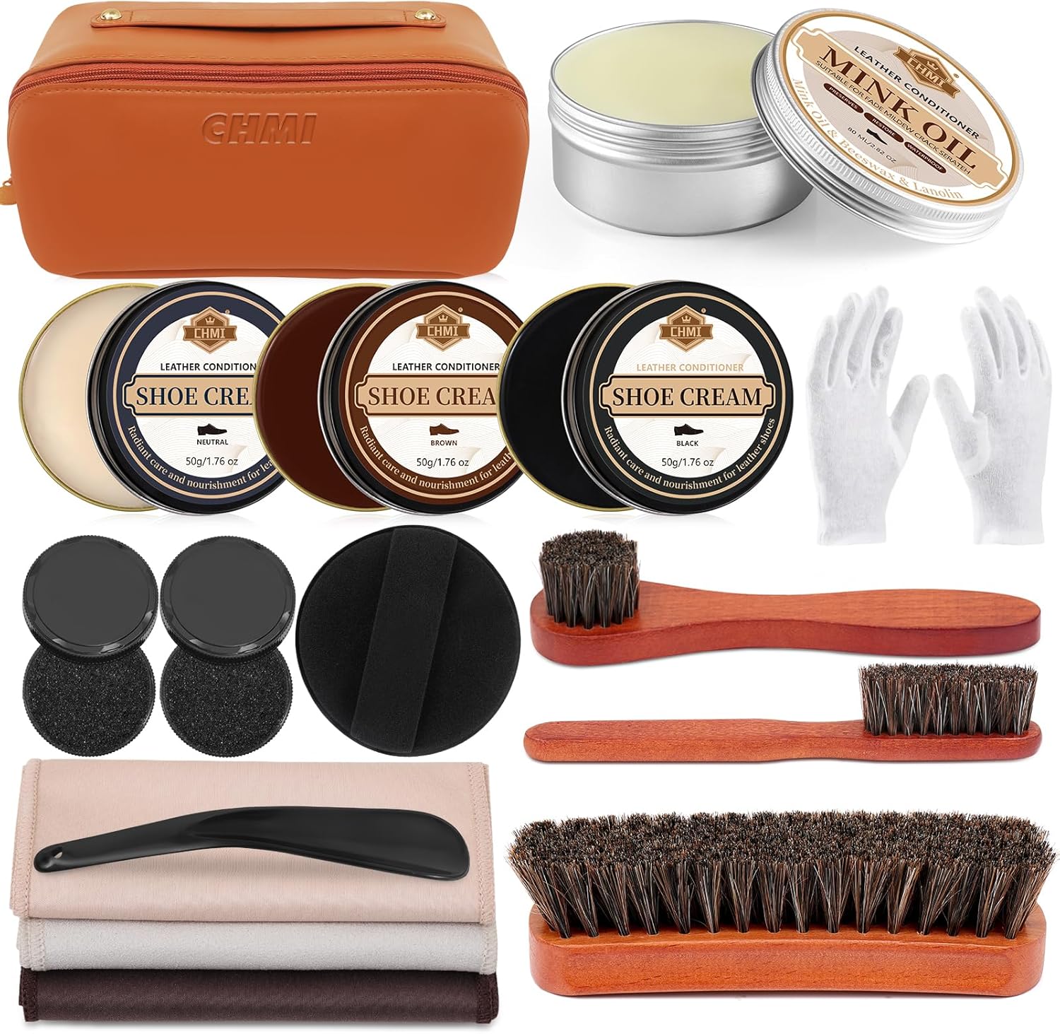 16PCS Leather Shoe Polish Kit,Shoe Shine Kit with Black/Brown Shoe Polish,Shoe Bruhses for Leather Boot Care and Cleaning,Shoe Shine Gifts for Men