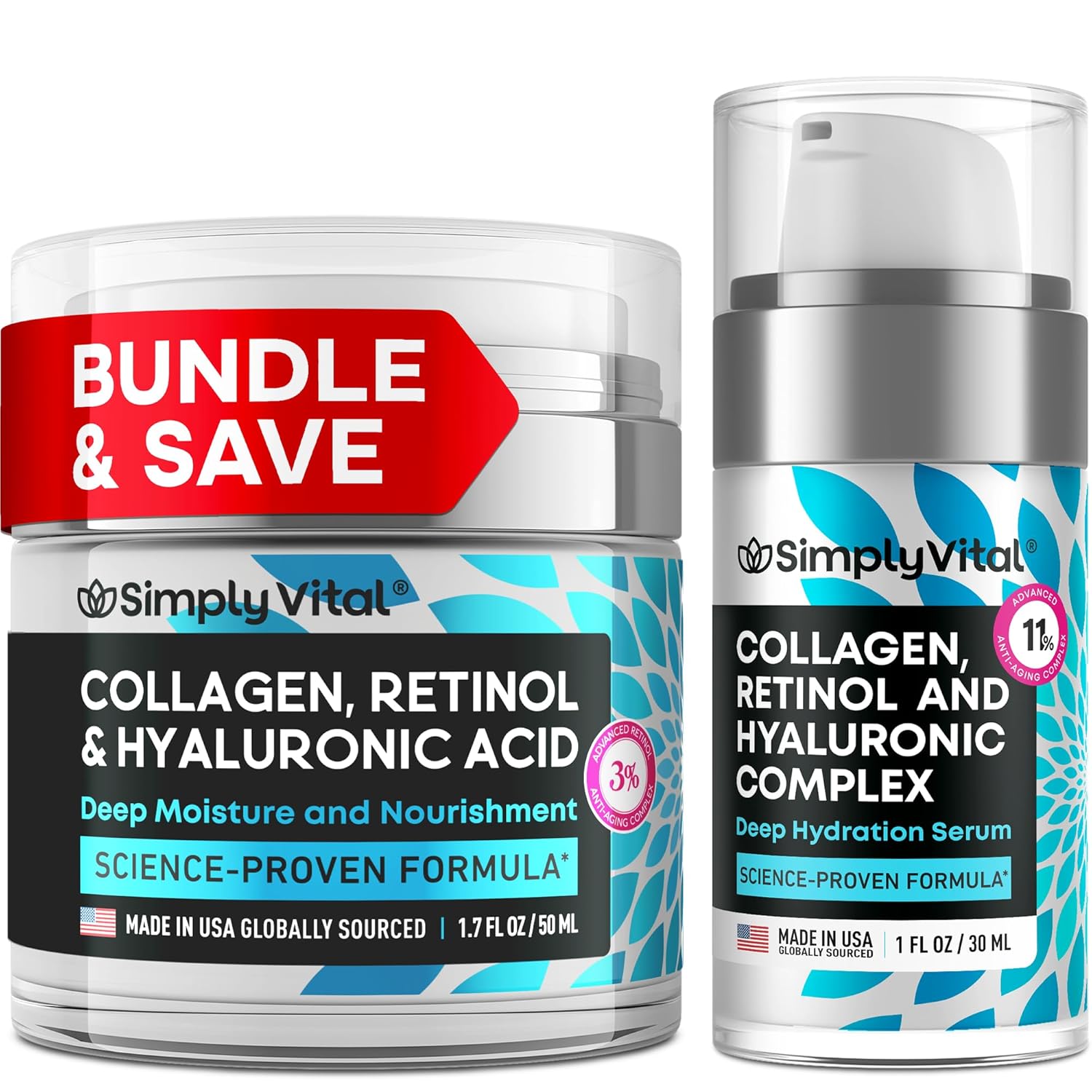 SimplyVital Collagen, Retinol & Hyaluronic Acid Serum + Cream Set – Anti-Aging Face & Neck Moisturizer Duo – Hydrating & Firming Skin Care Bundle for Women – Made in USA