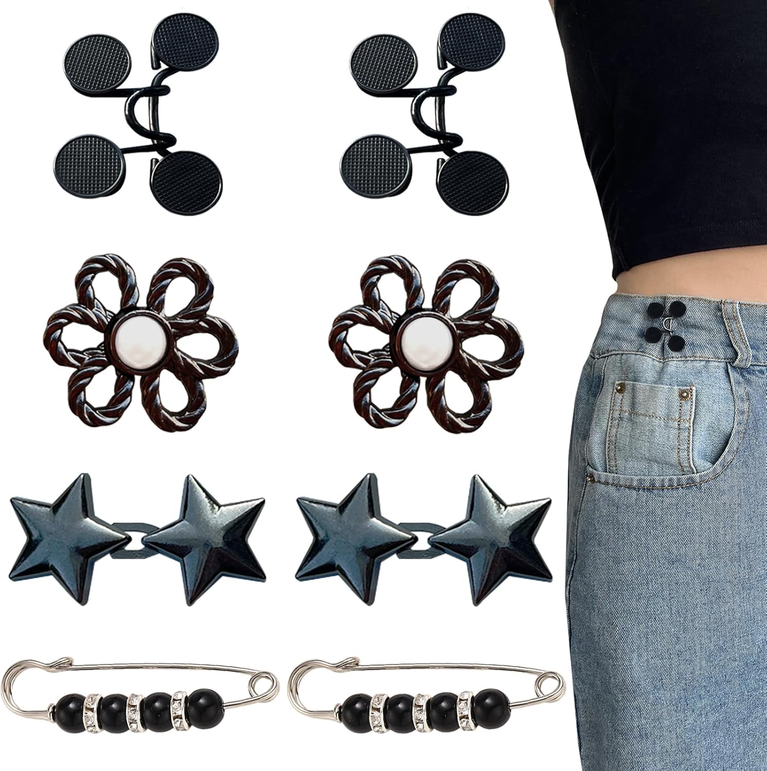 8 Pcs Pant Waist Tightener, Adjustable Black Pant Clips Waist Tightener Buttons Pins for Loose Jeans Reusable Waist Tightener for Pants Women