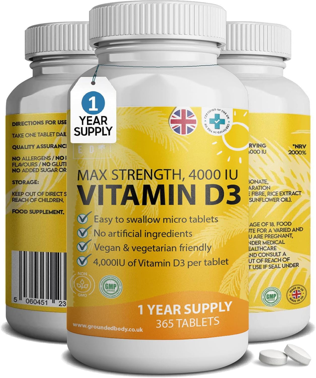Vitamin D3 4000 IU Micro Tablets - 365 Day Supply, Easy to Swallow High Strength Premium Sunshine Vitamin | Max Strength Vitamin D Supplement, Vegetarian & Vegan Friendly, Made in UK by Grounded