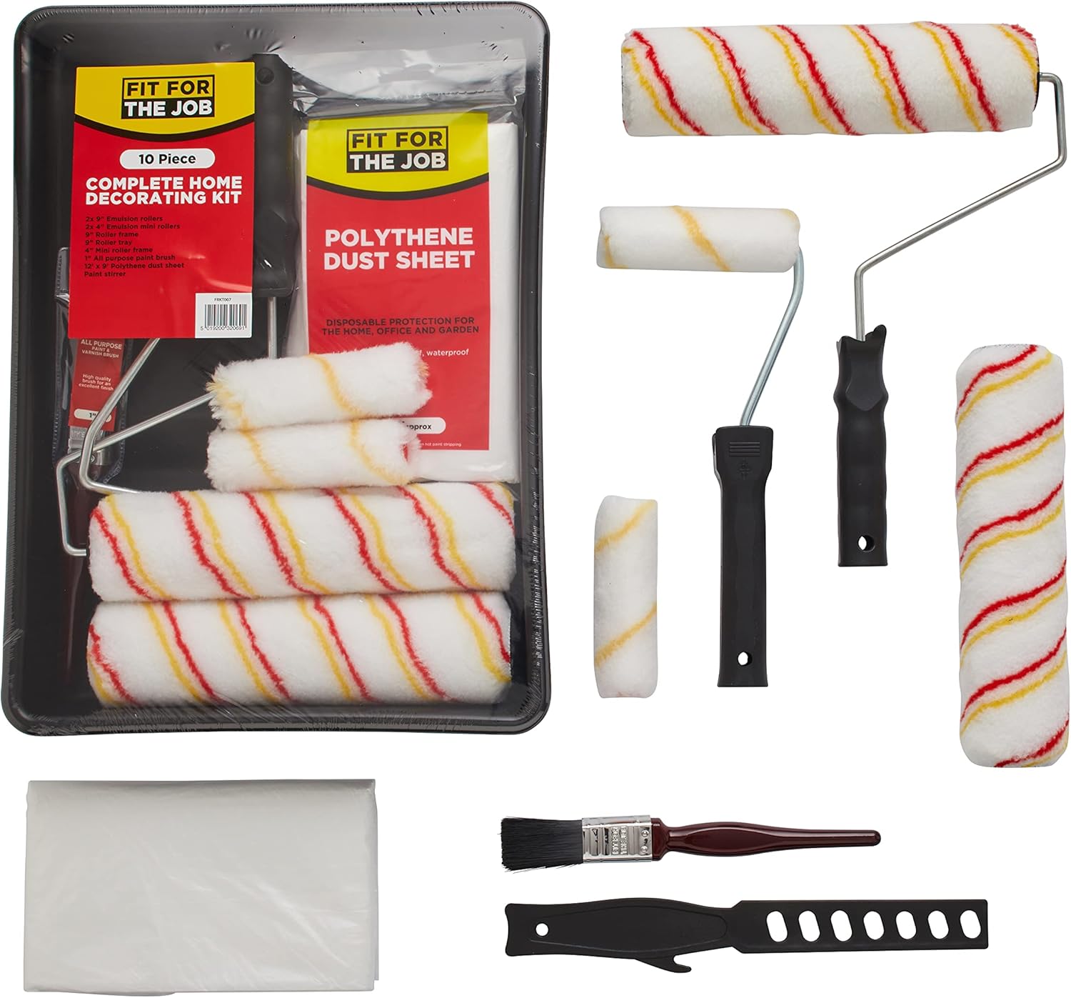 Fit For The Job 10pcs Home Decorating Kit Paint Rollers & Tray Set with Paint Brush,Dust Sheet,Stirrer - Roller Sets for Painting Walls & Ceilings with Emulsion, Mini Roller for Painting with Emulsion