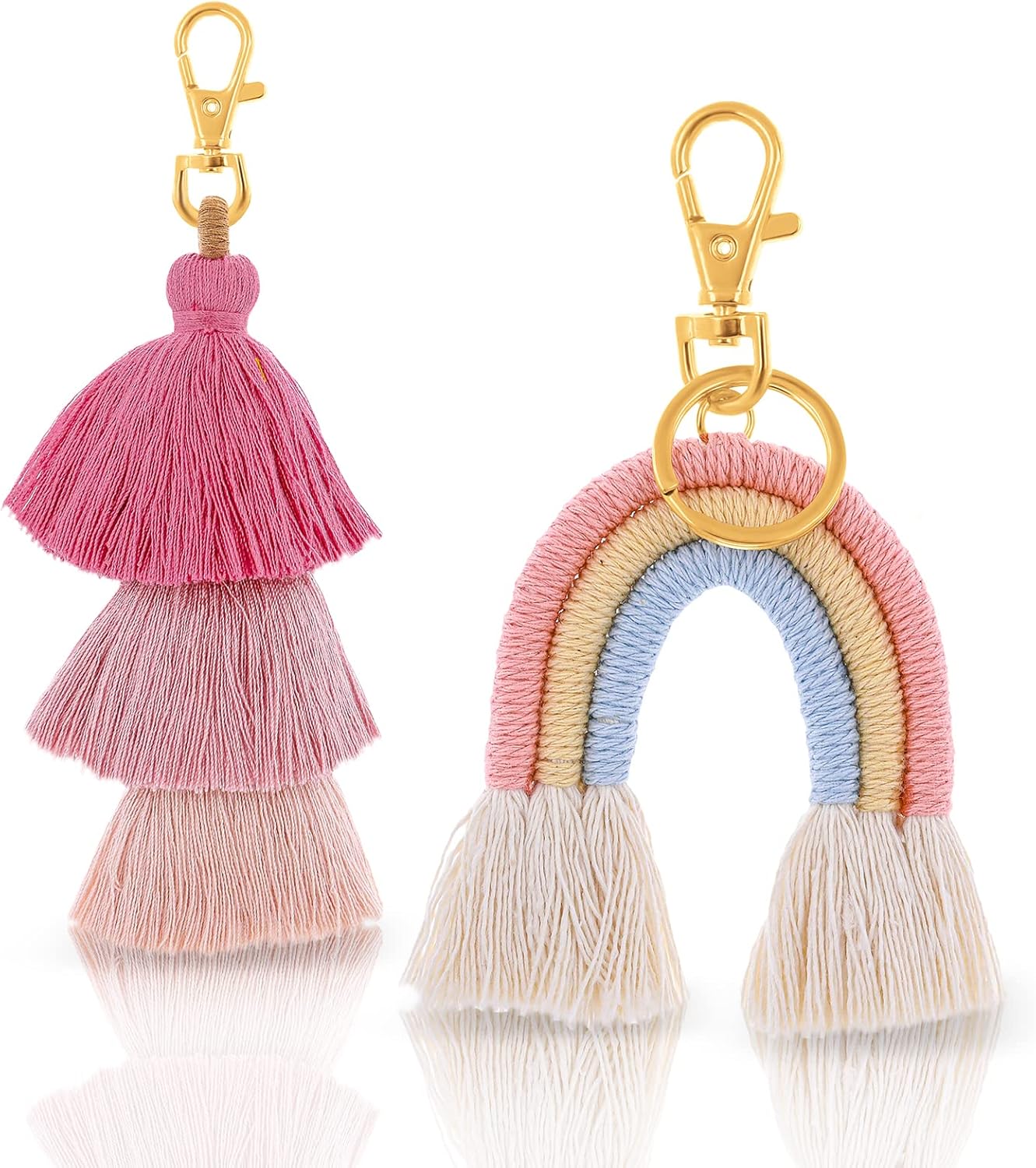 Abeillo Boho Keychains - Pom Pom Tassel Macrame Rainbow Keyrings for Women & Girls