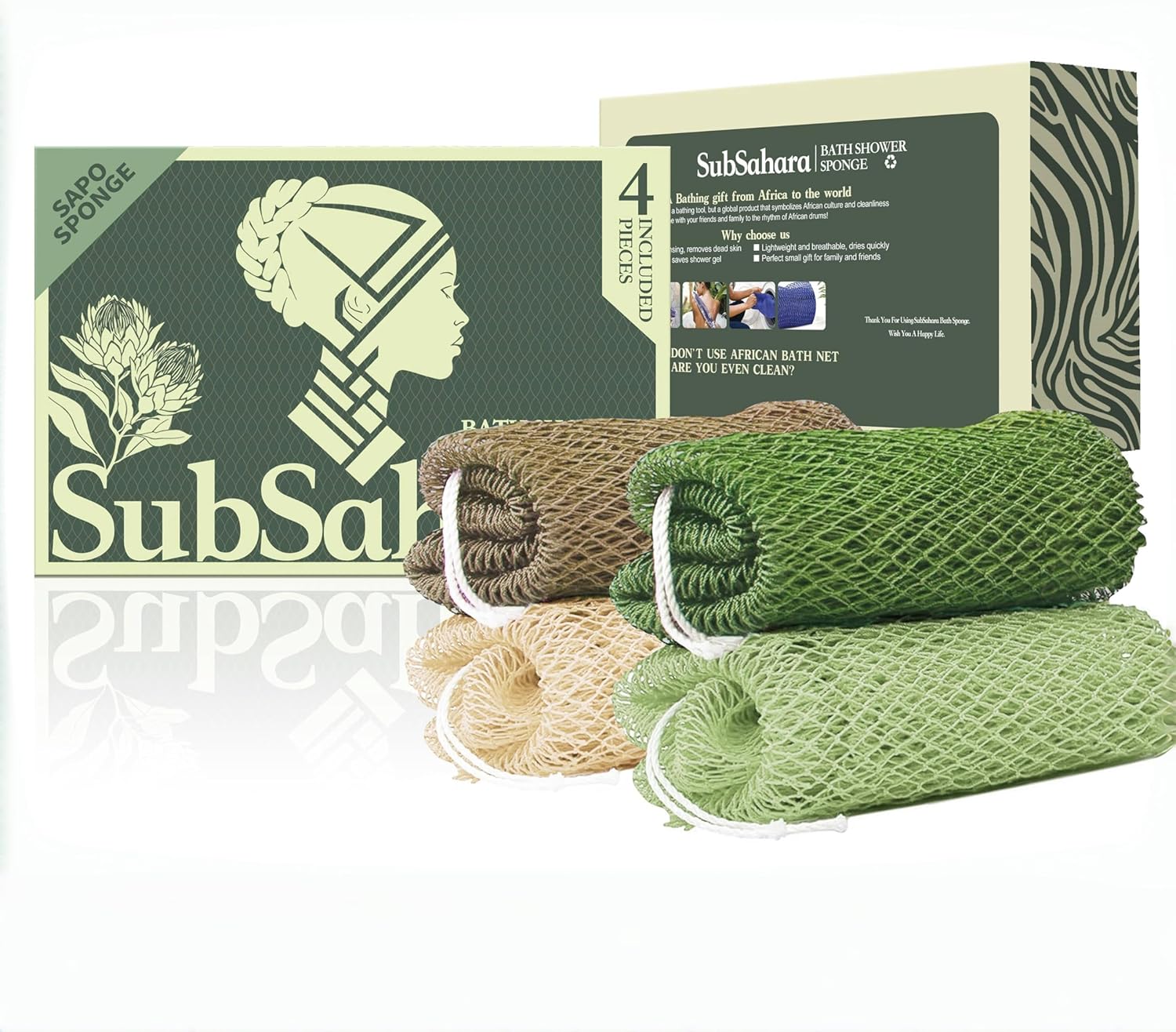 SubSahara Authentic African Net Sponge - 4 Pack Exfoliating Bath & Shower Loofah Sponge for Body & Face, Gentle Scrubber for All Skin Types, Travel, Durable