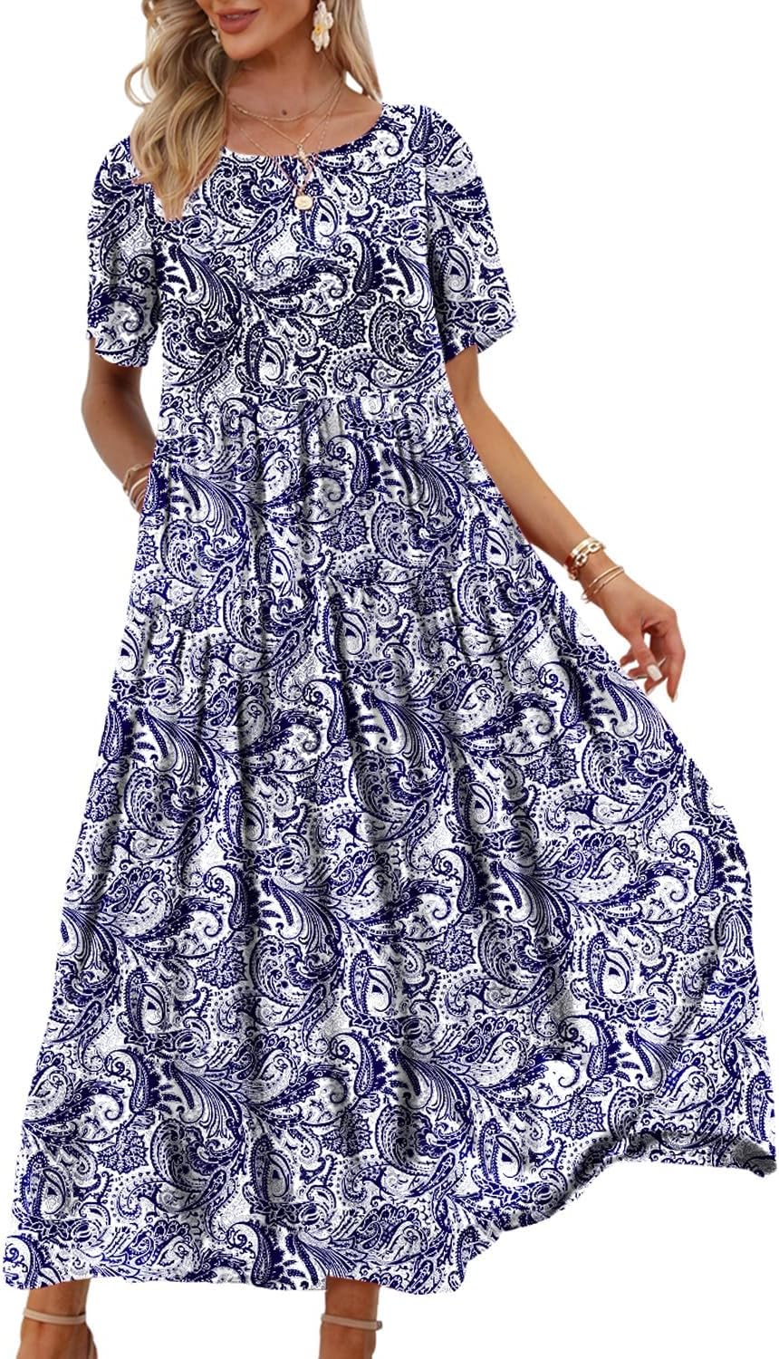 YESNO Women Dresses Casual Plus Size Bohemian Short Sleeve Floral Long Maxi Summer Beach Swing Dress/Pockets EJFUK