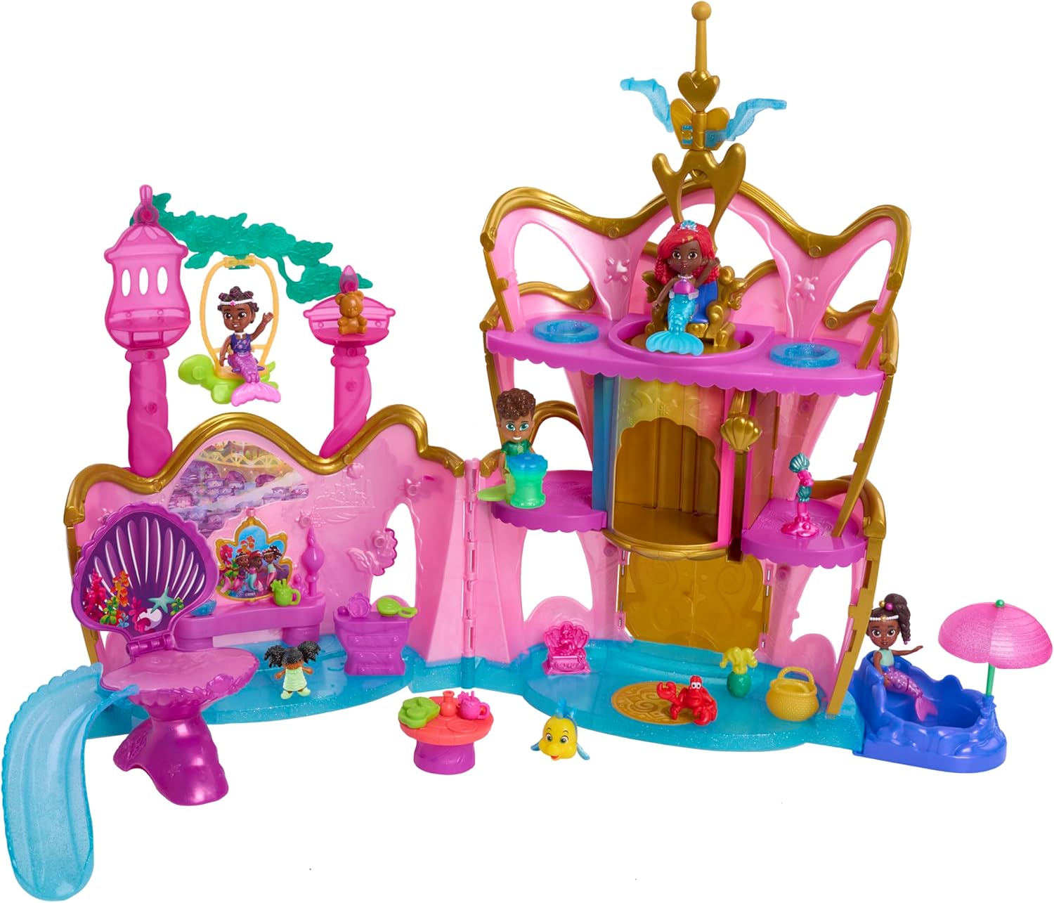 Disney Junior Ariel Deluxe Atlantica Palace Playset and 4-inch Figures, Lights and Sounds, 22-pieces, Bonus Pieces, Kids Toys for Ages 3 Up by Just Play