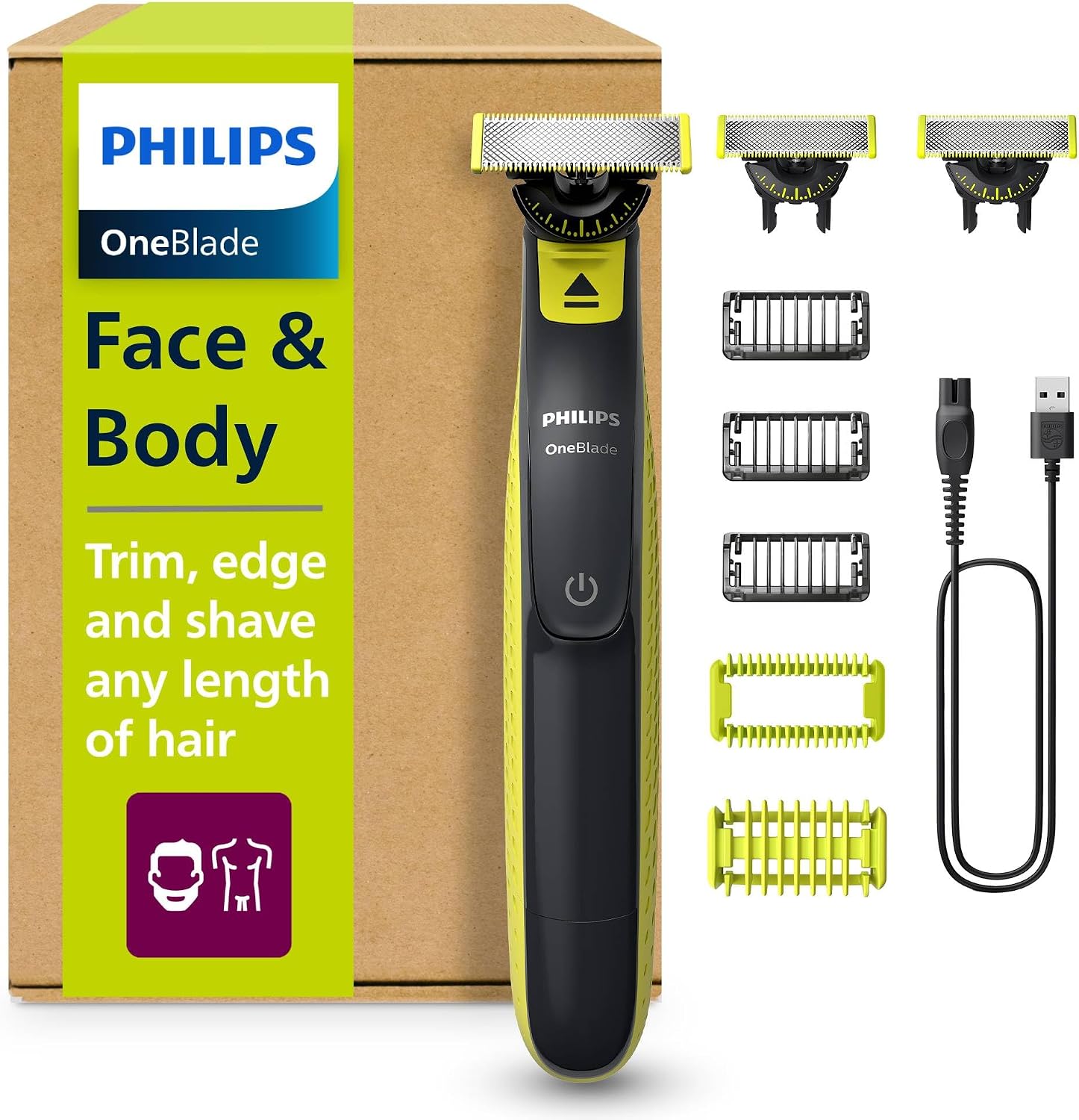 Philips OneBlade Hybrid 360 Blade Technology Electric Shaver for Face & Body, Beard Trimmer/Groomer with 3 x 360 Blade, 3 x Stubble Comb (1,3,5mm) & 1x Body Kit, Model QP2824/31