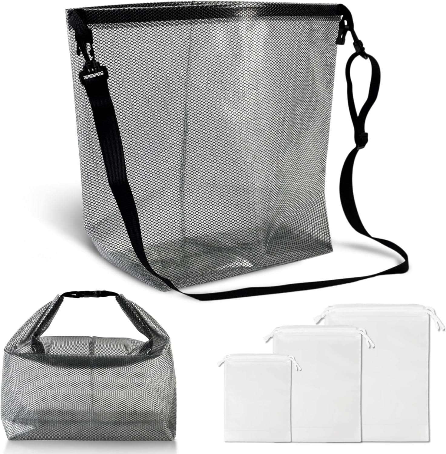 Tote Bag For Beach Gym Swimming Toiletries With Three Pouches Adjustable Strap Lightweight With Clear Mesh Lining