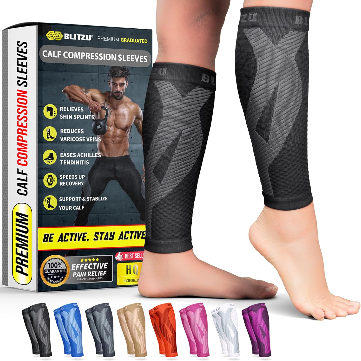 BLITZU Calf Compression Sleeve for Men & Women Footless Compression Socks Support Runners Leg Sleeve Shin Splints Pain Relief