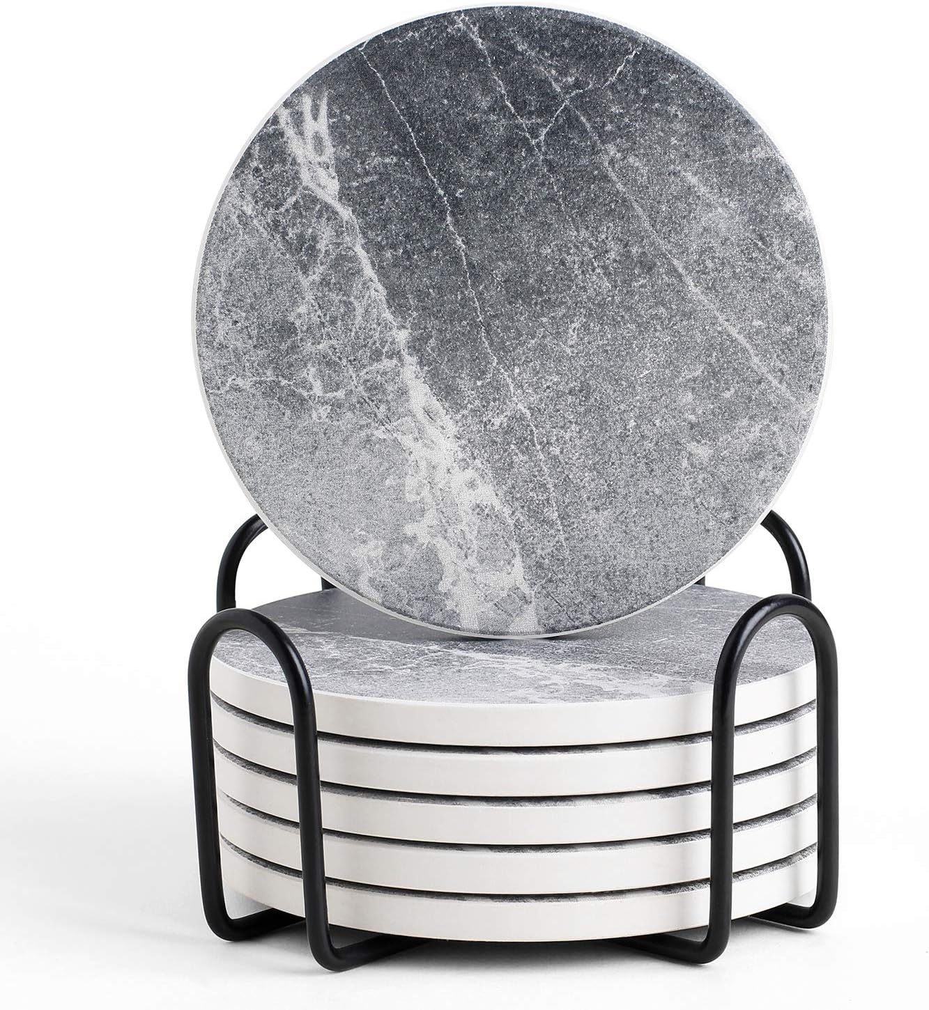 LIFVER Coasters - Coasters Set of 6 - Grey Drinks Coasters Ceramic - Coasters with Holder & Cork Base for Various Cups, Tables & Home Decor - Gifts for Men Women - 4 ''