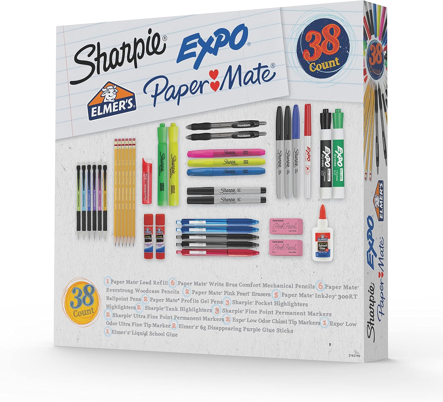 School Supplies Kit, Highlighters, Mechanical Pencils, Glue Sticks, Erasers, Permanent Markers, Gel Pens, Pencils, School Glue and more from Sharpie, Elmer’s, Paper Mate, & Expo, 38 pieces