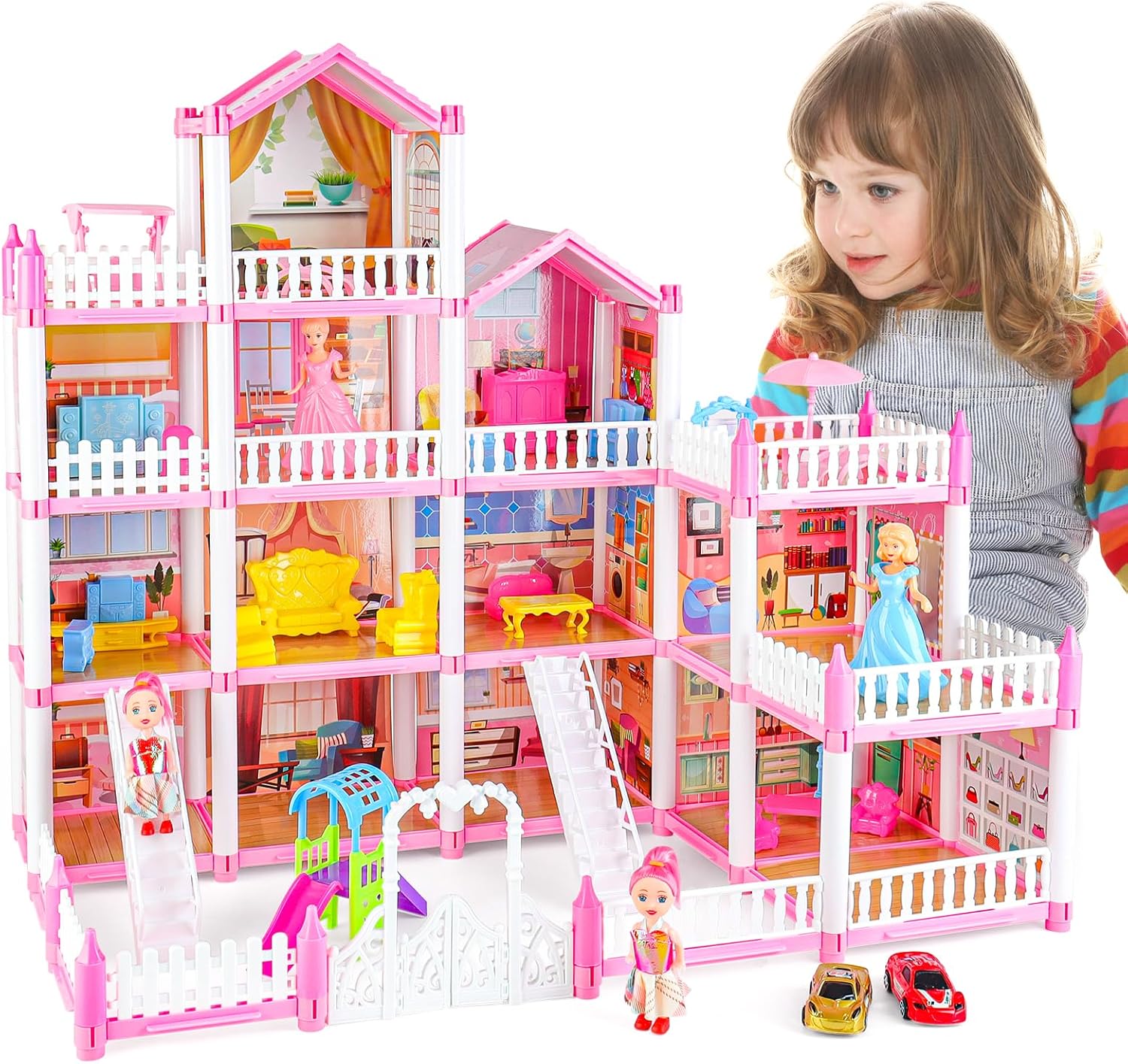 deAO Doll House for Girls, Kids Pink Dolls House Playset With Doll Figures, Furnitures and Accessories, 4 Stories Princess Castle Dollhouse Toys for Kids 3 4 5 6 7 8 Years Old