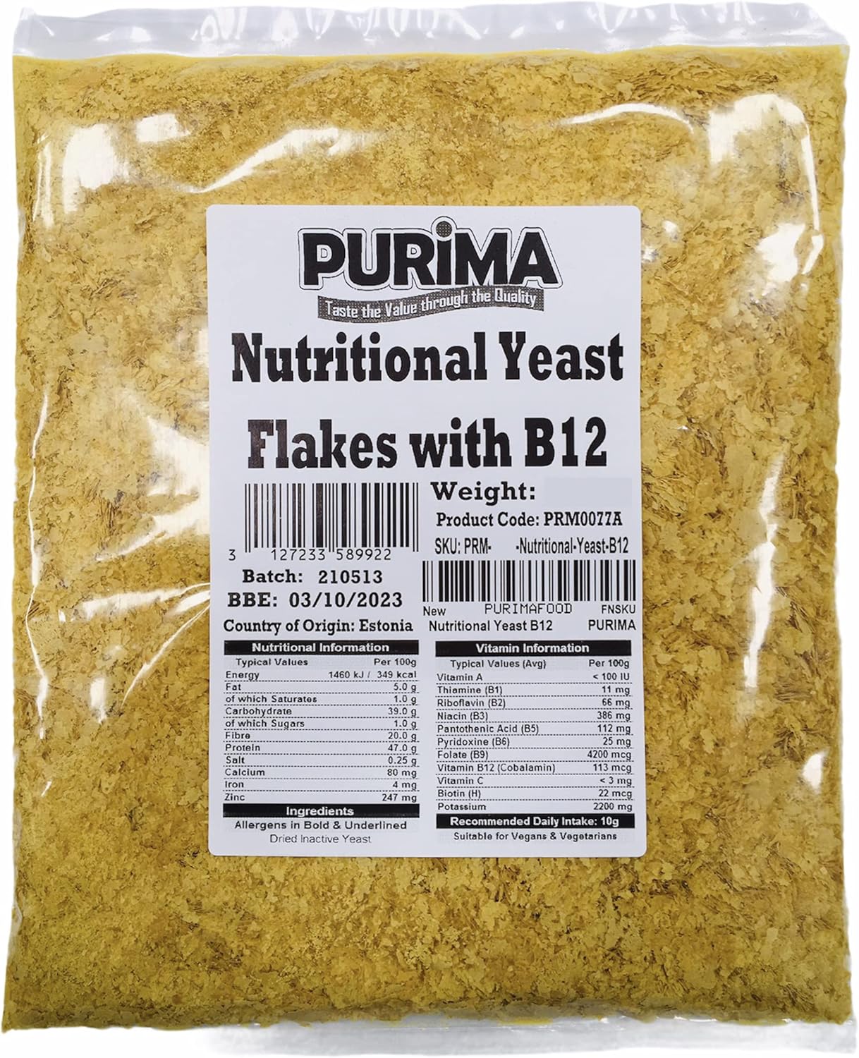 Nutritional Yeast Flakes with B12 250g B Vitamins Vegan Cheese Powder Alternative Dairy Free Flavouring - Cheesy Nutty Seasoning Savoury Flavour Condiment Dry Inactive Bulk Nooch Non GMO - PURIMA