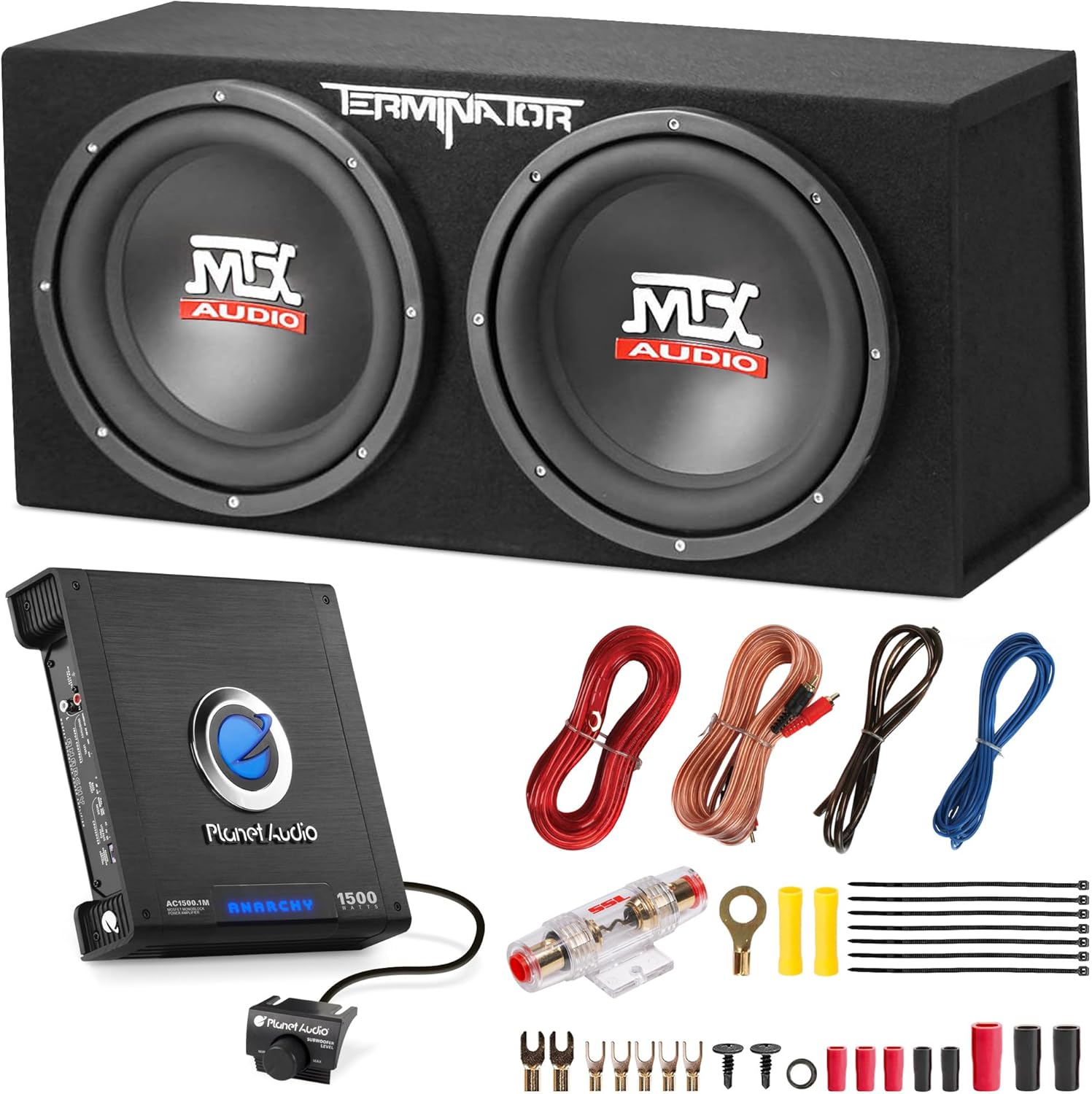 MTX 12-Inch Dual Subwoofer with Amp & Wiring Kit - Complete Car Sound System Bundle with 1200W Loaded Enclosure, Planet Audio Peak 1500W Monoblock Amplifier, and Soundstorm 8 Gauge Installation Set