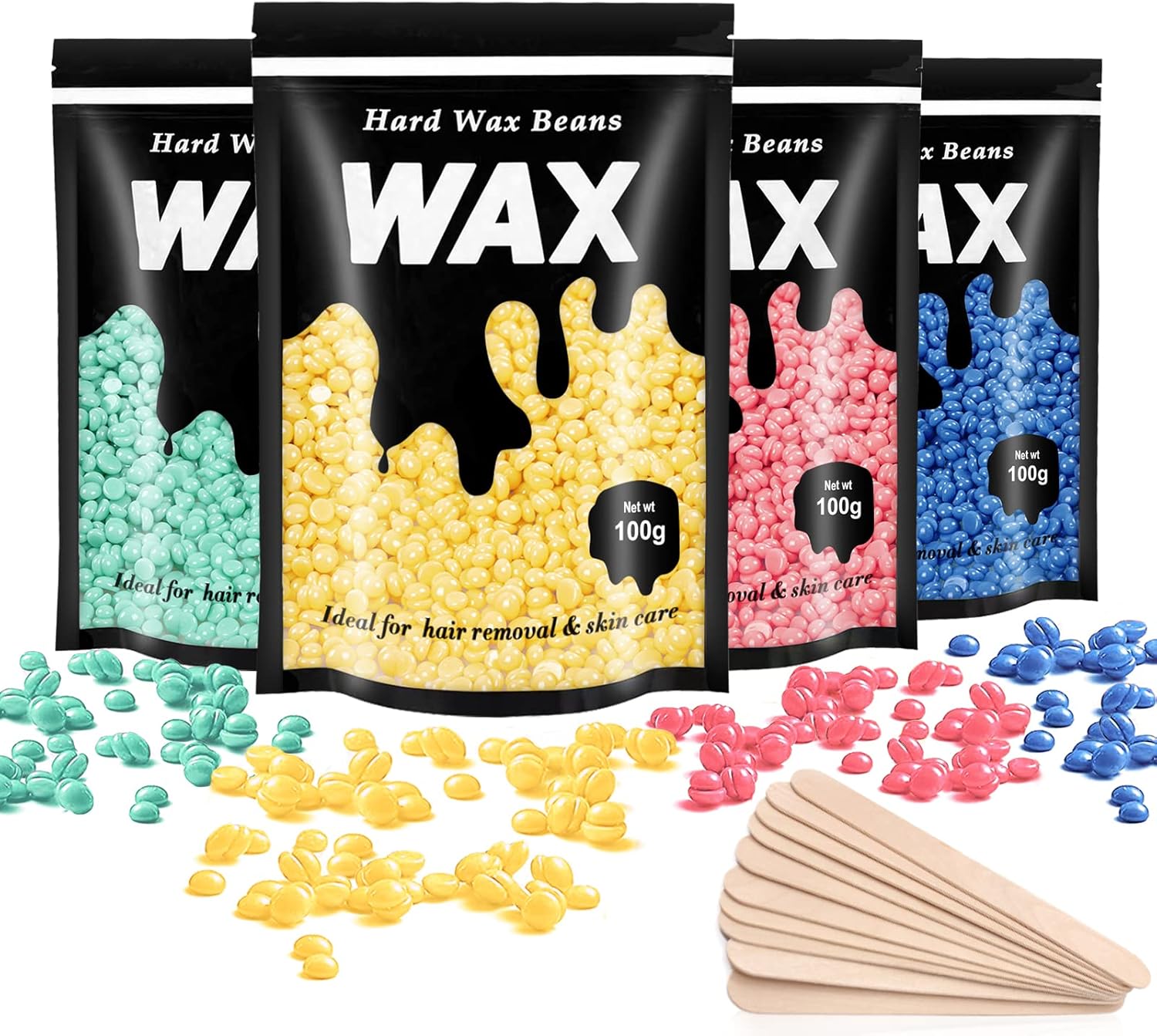 Leaflai Hard Wax Beads, 4 X 100G Painless Wax Beans with 10 Applicators, Wax Beads Hair Removal for Stripless, Full Body, Face, Bikini, Brazilian, Hollywood