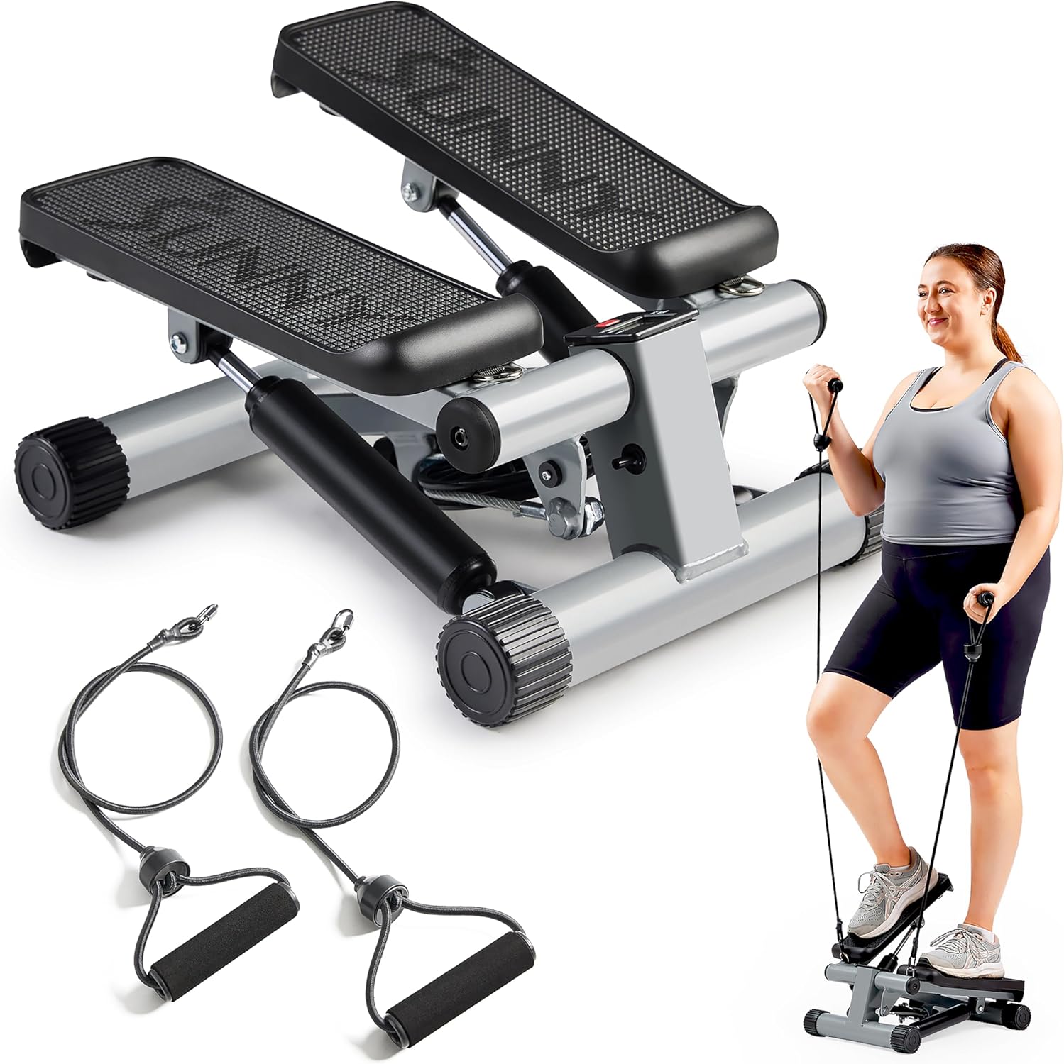 Sunny Health & Fitness Mini Steppers for Exercise at Home, Stair Step Workout Machine with Resistance Bands, Full Body Cardio Equipment, Optional Free SunnyFit App Connection Smart Stepper