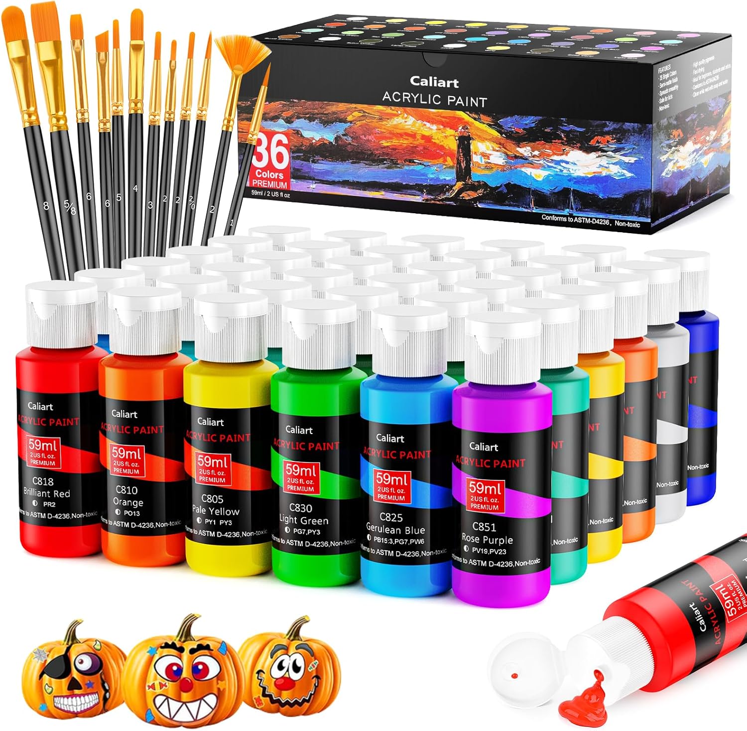 Caliart Acrylic Paint Set With 12 Brushes, 36 Colors (59ml, 2oz) Art Craft Paints Gifts for Artists Kids Beginners & Painters, Halloween Pumpkin Canvas Ceramic Rock Painting Kit Art Supplies