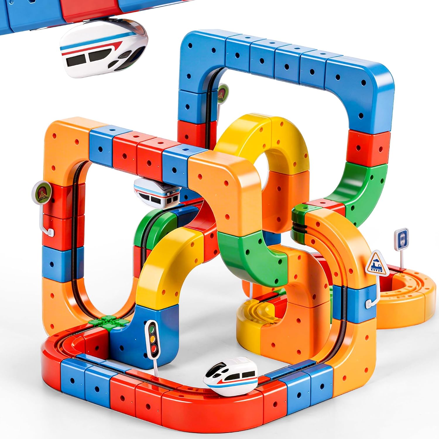 Sitodier Electric Train Set with Flexible Race Track, 123Pcs Race Track Set with Gravity-Defying Motorized Train & Embedded Layouts 3D Cube Track, STEM Building Track Toy for Kids Toddlers 3 4 5 6 7 8
