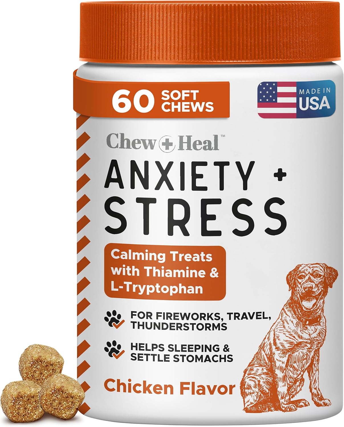 Calming Chews for Dogs - 60 Anxiety Relief Treats for Fireworks, Thunder, and Storms - Natural Dog Calming Treats for Large and Small Breeds with Thiamine, L-Tryptophan, Ginger, and Melatonin