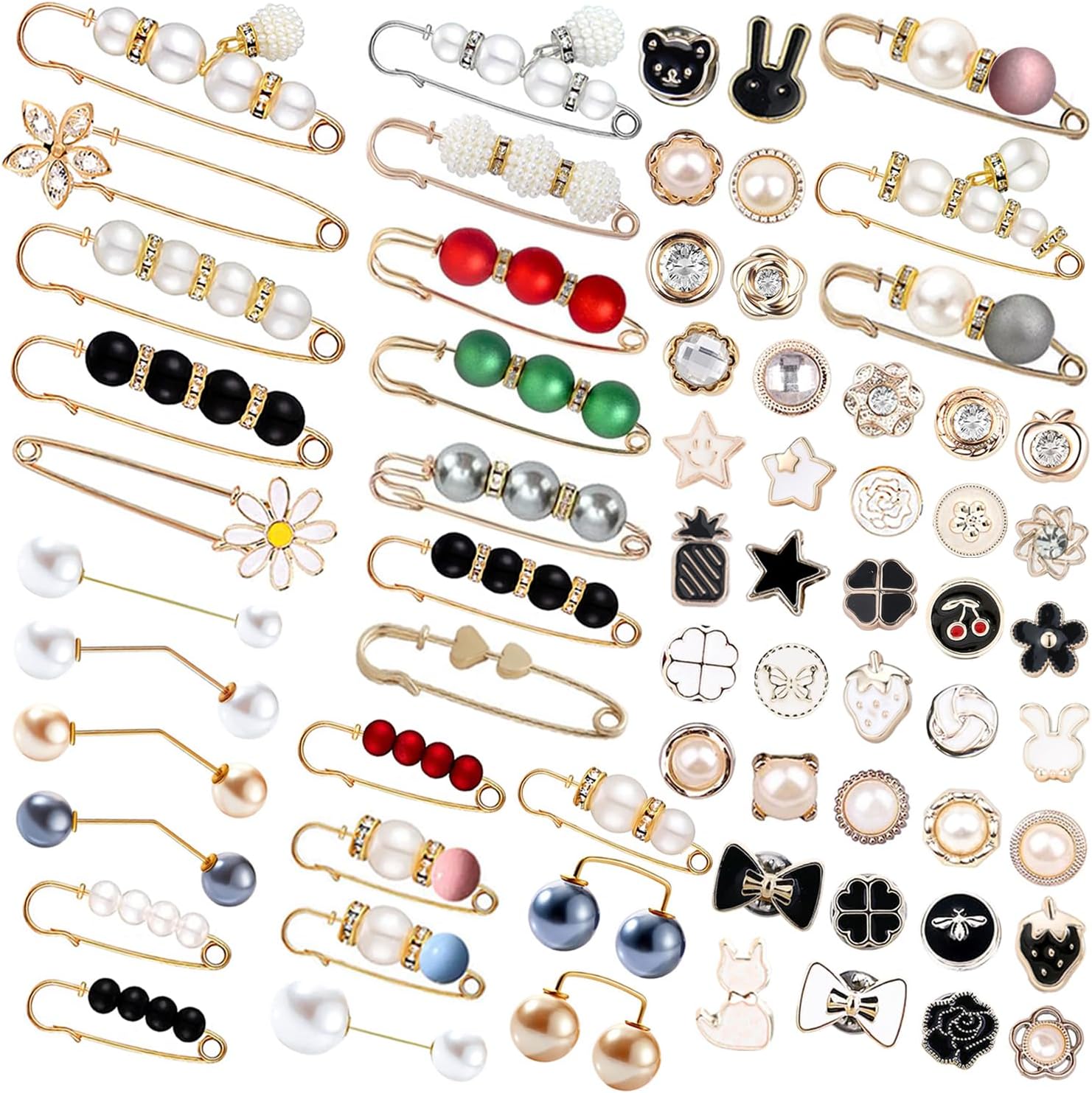 70 Pcs Pearl Brooch, Sweater Shawl Hat Clip Neckline Pins Double Faux Pearl Brooches for Women Fashion Cover Up Buttons Clothing Dresses Decoration Accessories Pant Waist Tightener Safety Pins