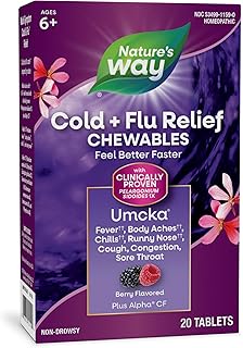 Nature's Way Cold+Flu Relief, Umcka, Shortens Duration and Reduces Severity, Multi-Symptom Relief, Homeopathic, Phenylephrine Free, Non-Drowsy, Berry Flavored, 20 Chewable Tablets (Packaging May Vary)