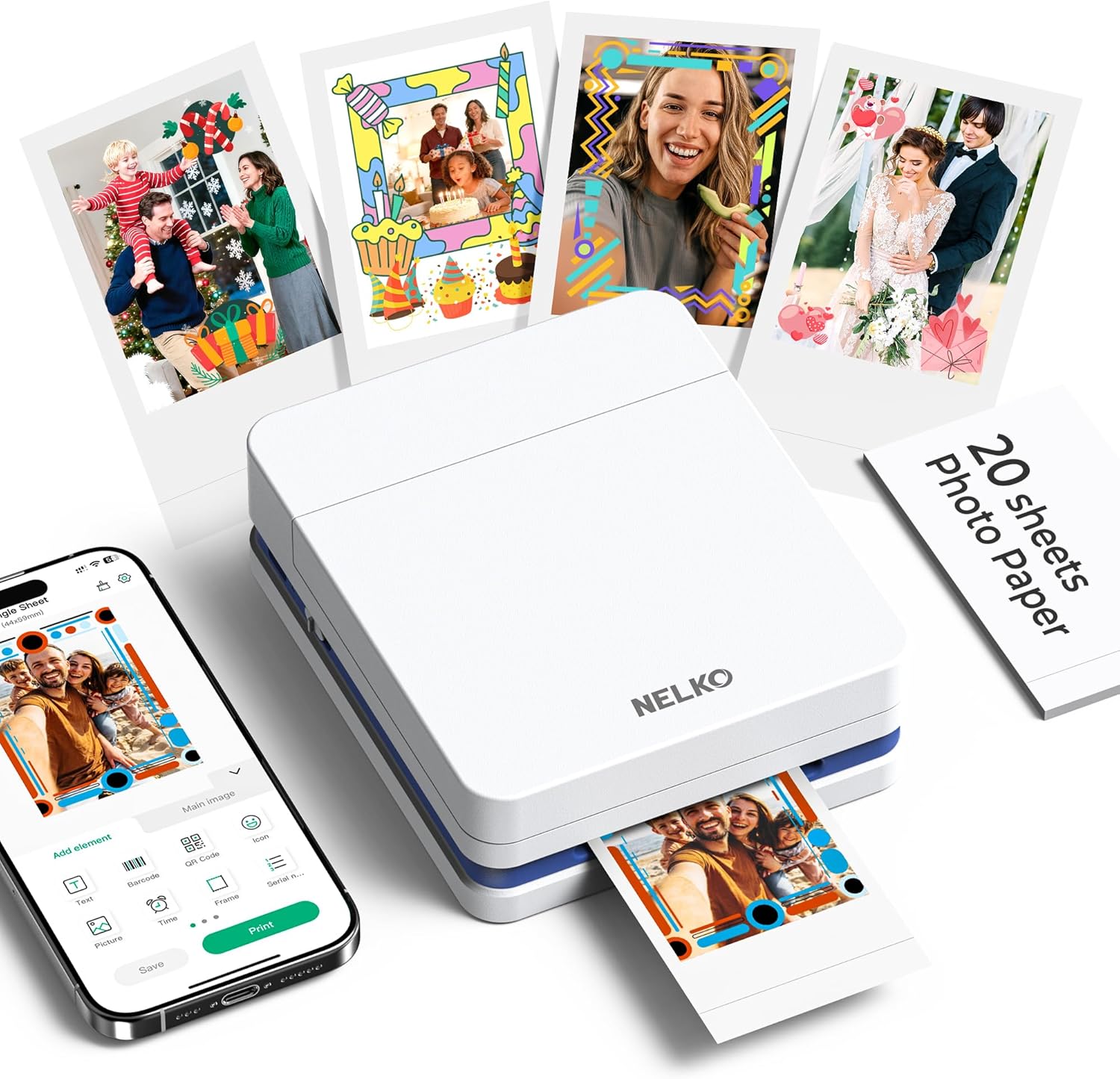Nelko Photo Printer, PP01 Color Mini Portable Printer, Instant Smartphone Inkjet Printer, Sticky-Back Rechargeable Portable Picture Printer for iOS & Android, for Christmas Family, White