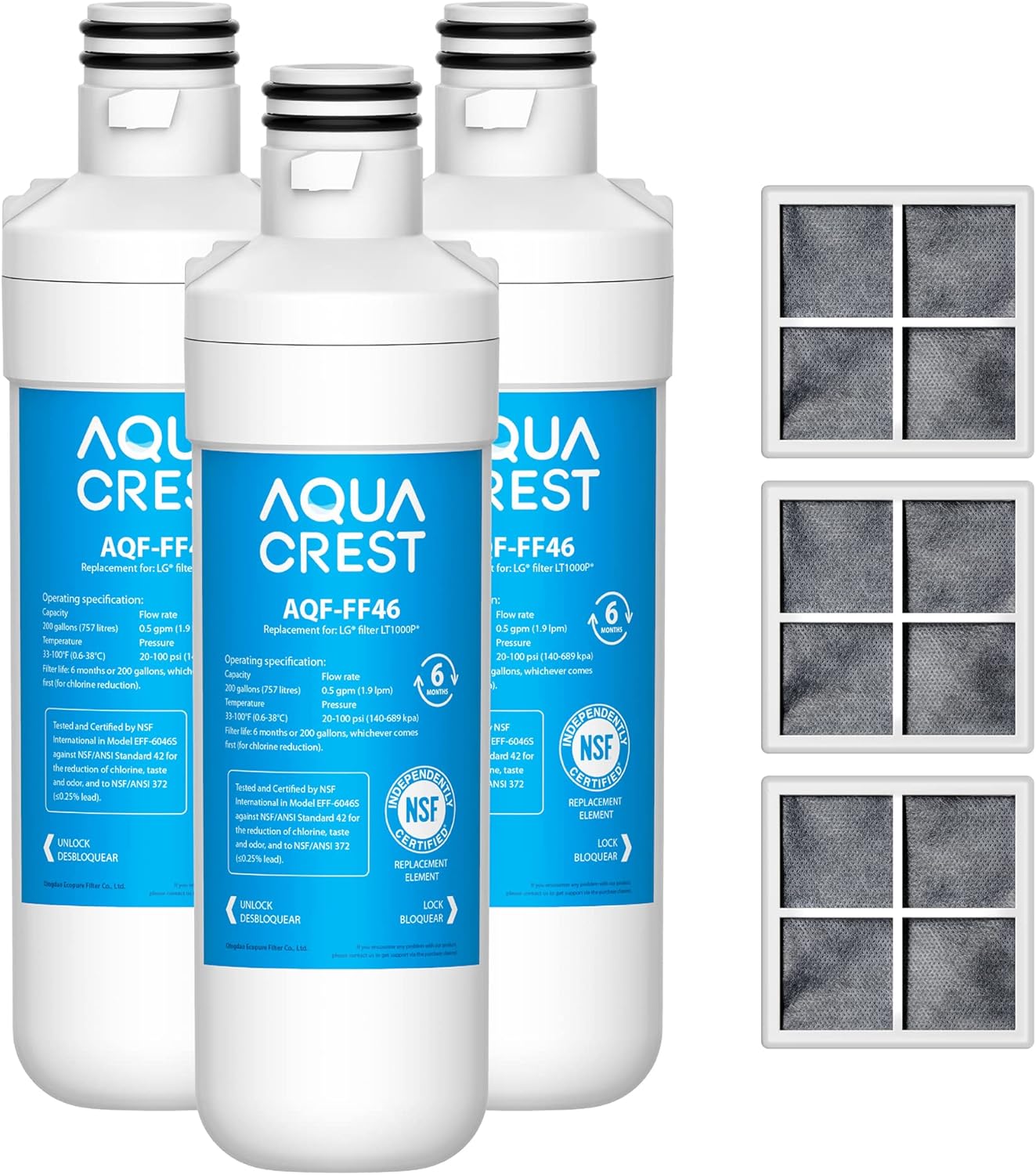 AQUA CREST LT1000PC ADQ747935 Replacement for LG® LT1000P®/PC/PCS ThinQ® Refrigerator Water Filter, LMXS28626S, LFXS26973S, MDJ64844601, ADQ74793501, ADQ74793502 and LT120F® Air Filter, 3 Combo