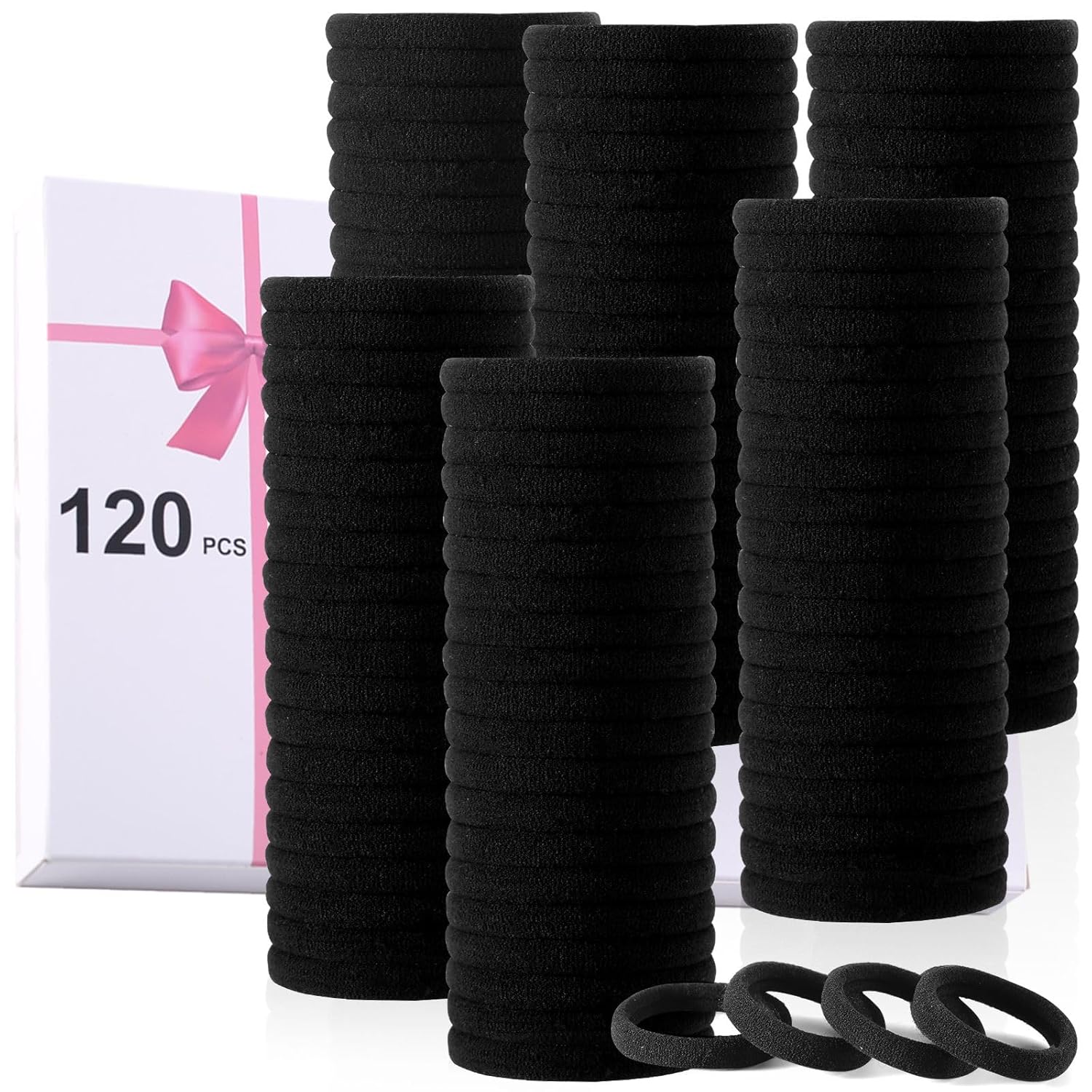 LuSeren 120PCS Black Hair Ties for Thick Hair – Seamless No Damage Elastic Ponytail Holders, Black Hair Band,Bulk Nylon Hair Elastics for Women