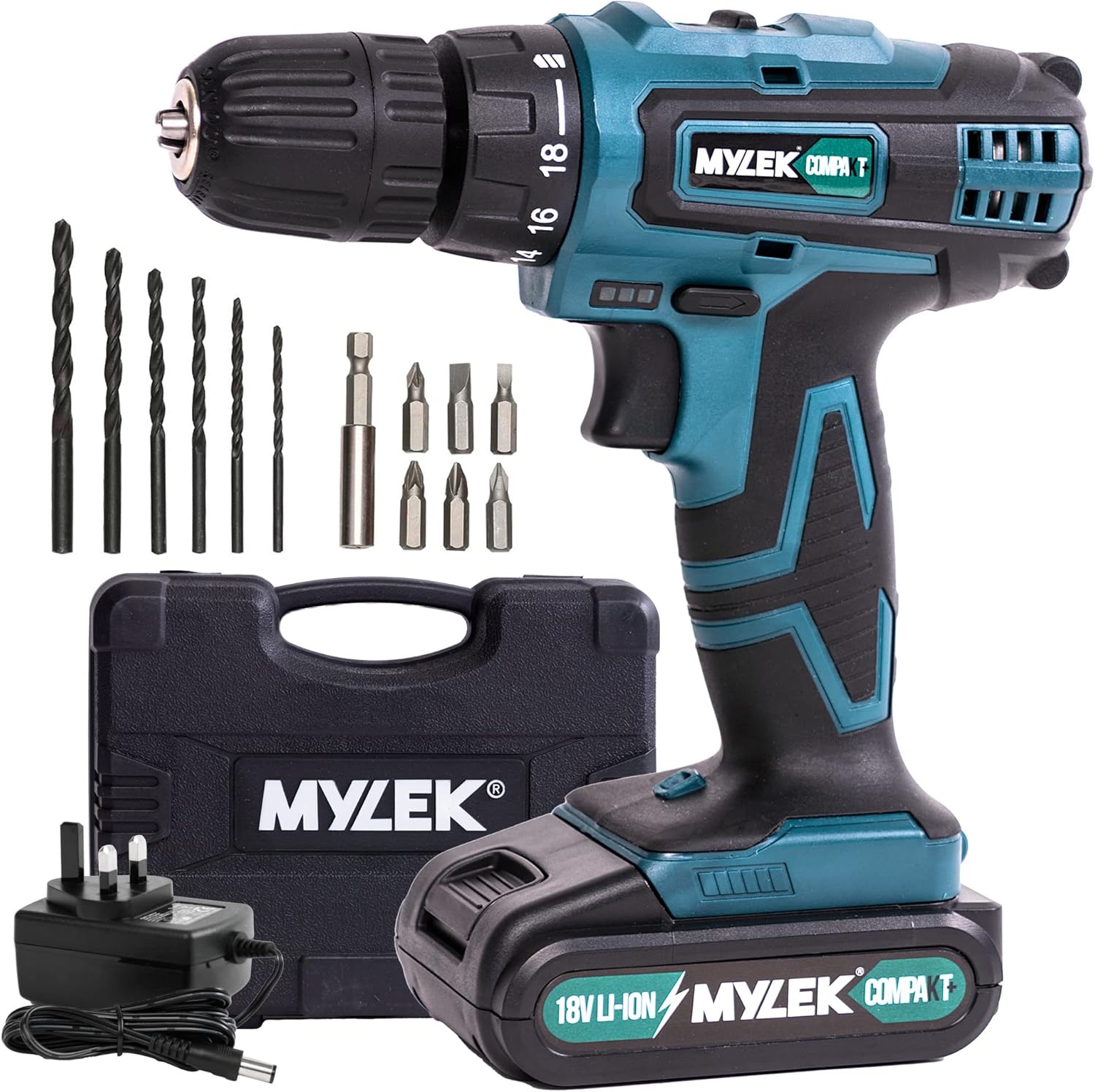 MYLEK MY18BCM1 Cordless Drill 18V, 1500 mAh Li-Ion Driver 28Nm, 1 Hour Electric Quick Charge, 2 Speed, LED Work Light, Carry Case with Accessory Kit, Variable Speed & Quick Stop Function