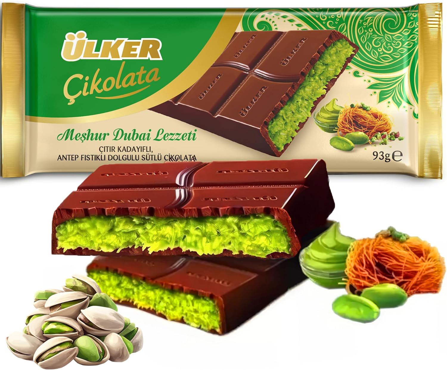 Dubai Chocolate Bar with Pistachio Cream & Kataifi – Viral Crispy Bar Inspired by Knafeh | 93g Dubai Chocolate Bar Snack Treat