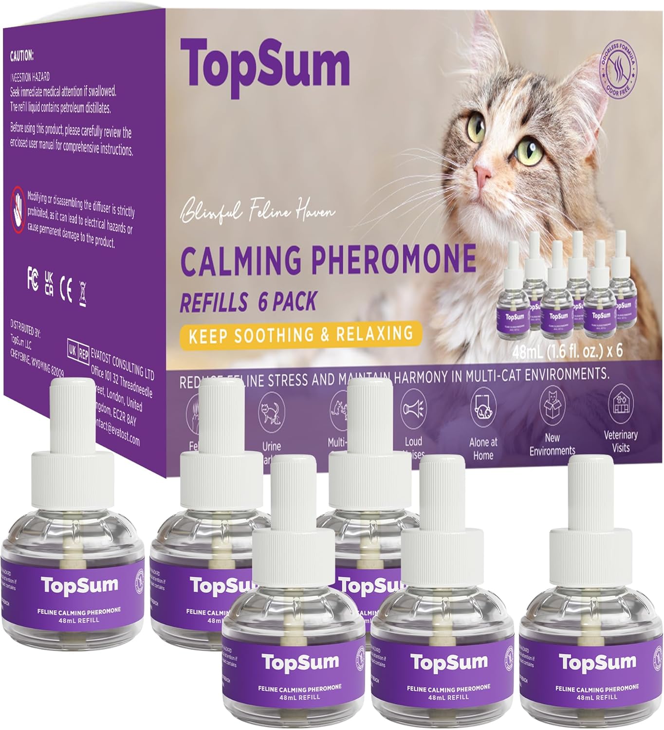TopSum Cat Calming Plug-in Refills: Premium Cat Pheromone Diffuser Refills - Cat Plug In Calmer Refills- Pet Calming Plug In Refills for Cat Anxiety Relief, 6 Pack (Purple)
