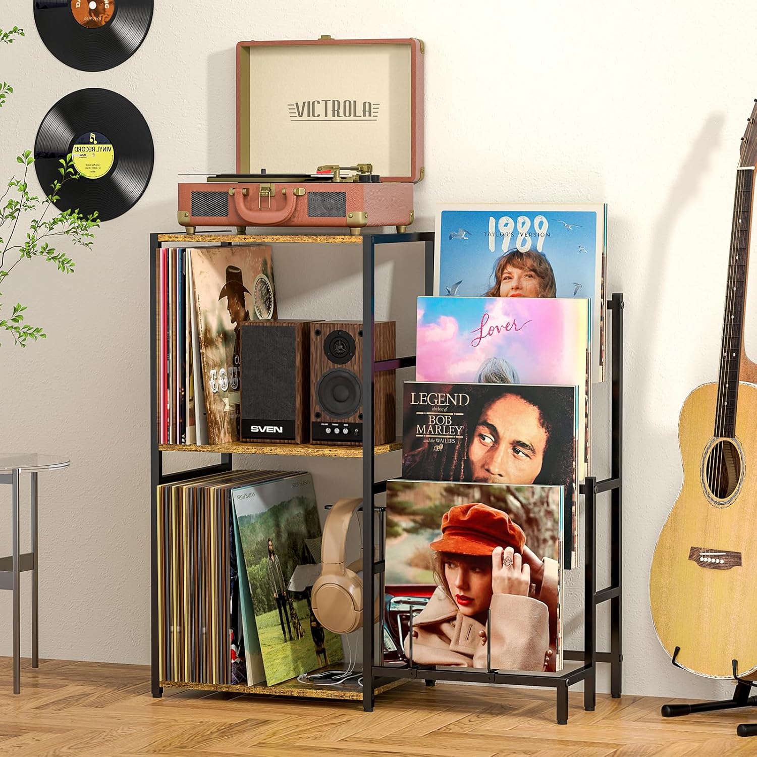 Record Player Stand, Turntable Stand Storage Up to 200+ Albums, Vinyl Record Cabinet with 4-Tier Vinyl Display, Record Player Table for Living Room