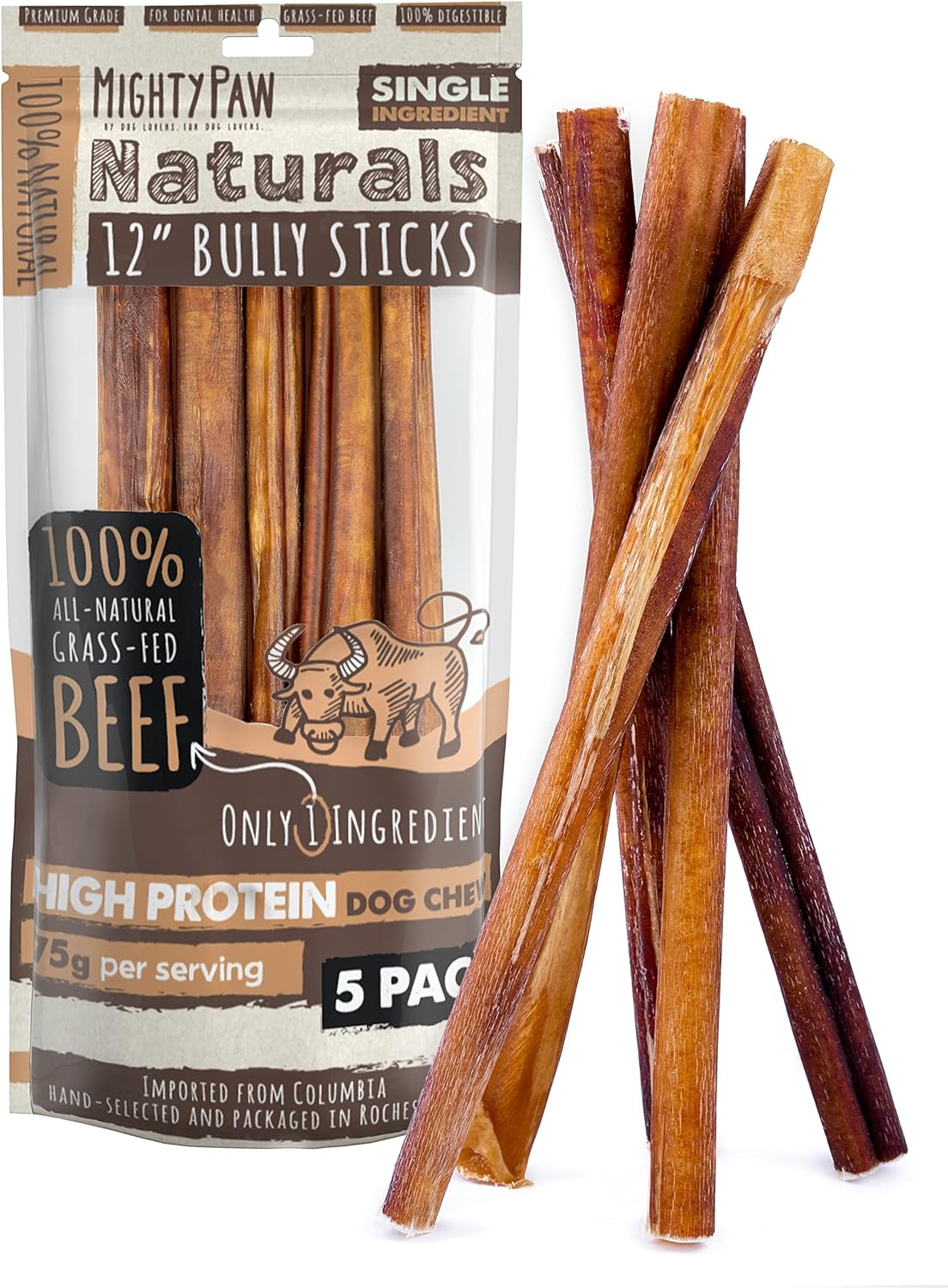 Mighty Paw Naturals 12" Bully Sticks for Dogs - Grass Fed Beef Chews. Dog Bully Sticks for Large Dogs, Medium and Small Breeds. Lower Odor Treats for Small Pets. Single Ingredient