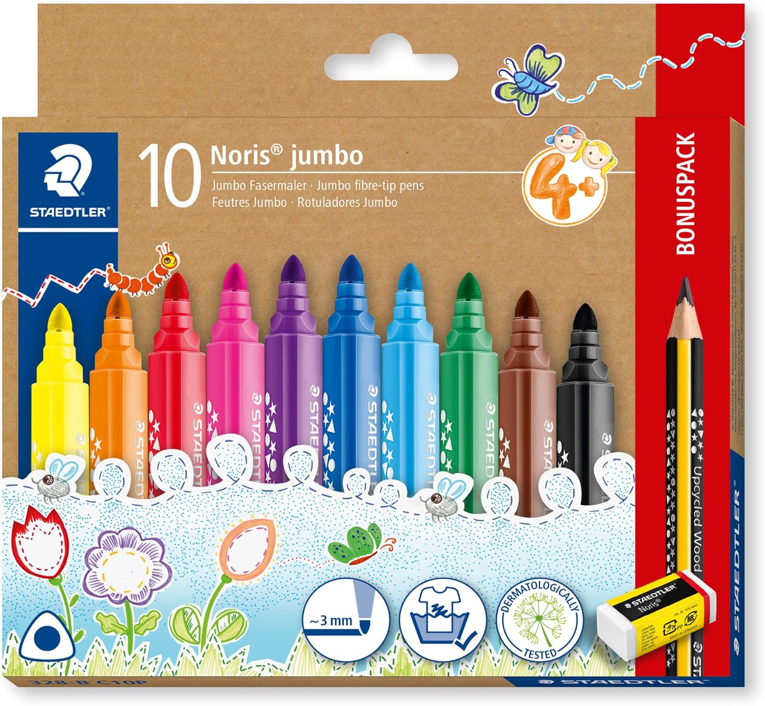 STAEDTLER Felt Pens for Toddlers - Noris Jumbo Colouring Markers - Includes HB Pencil & Eraser - 10 Assorted Colours, 328-B C10P