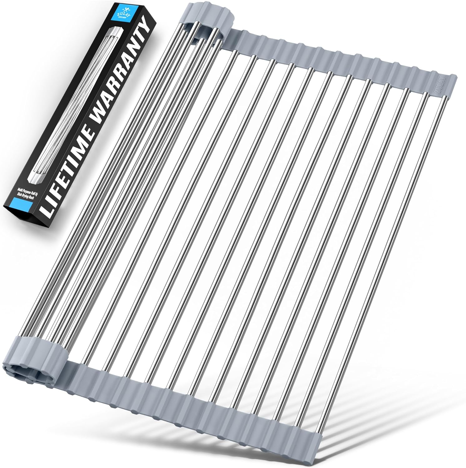 Zulay Kitchen 17.5” x 12” Roll Up Dish Drying Rack - Stainless Steel Over Sink Dish Drying Rack - Multipurpose Foldable Sink Rack for Kitchen Counter - Non-Slip, Heavy-Duty Drying Rack (Gray)